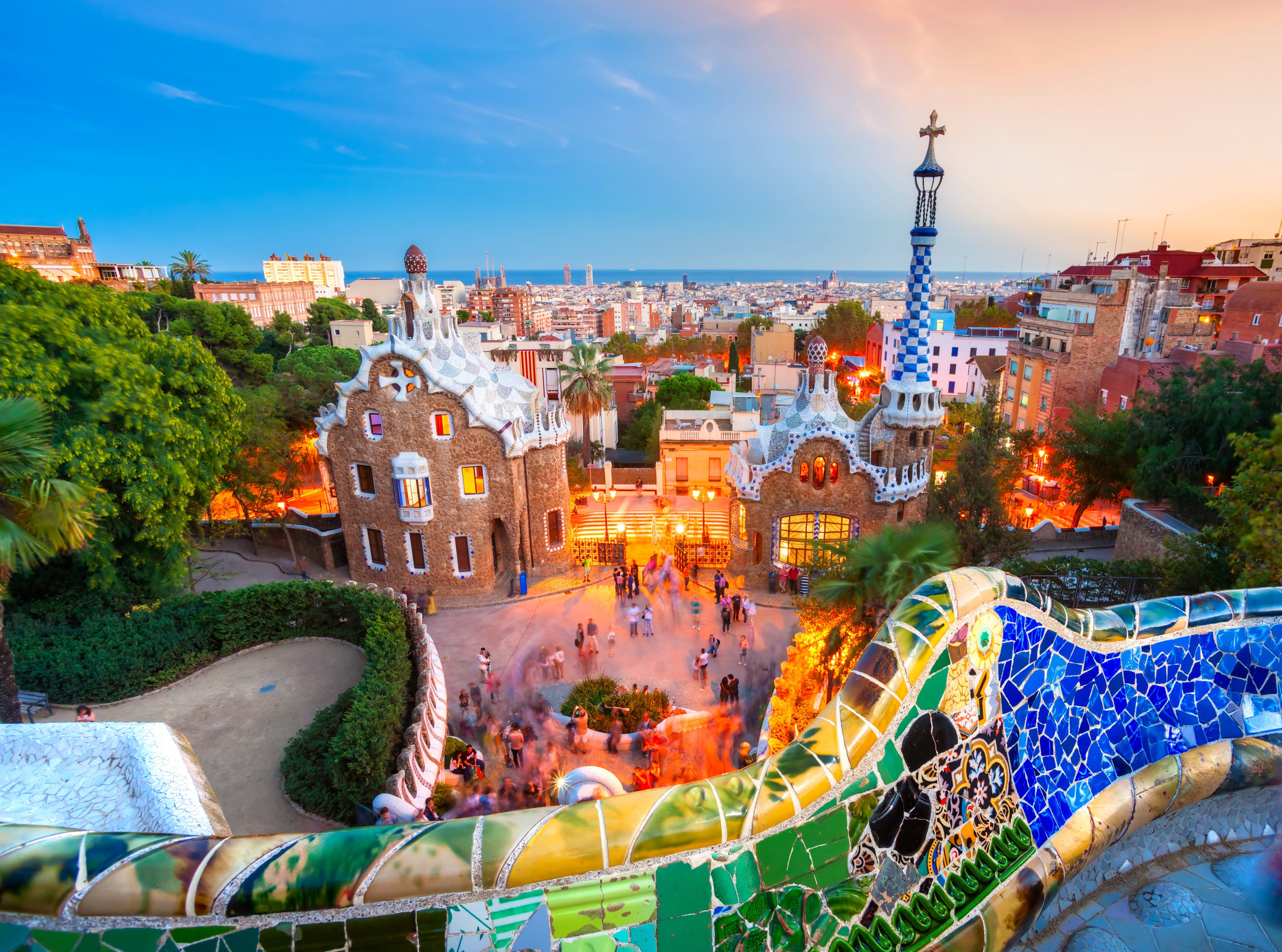 Park Güell in Barcelona, Spain at sunset HD Wallpaper