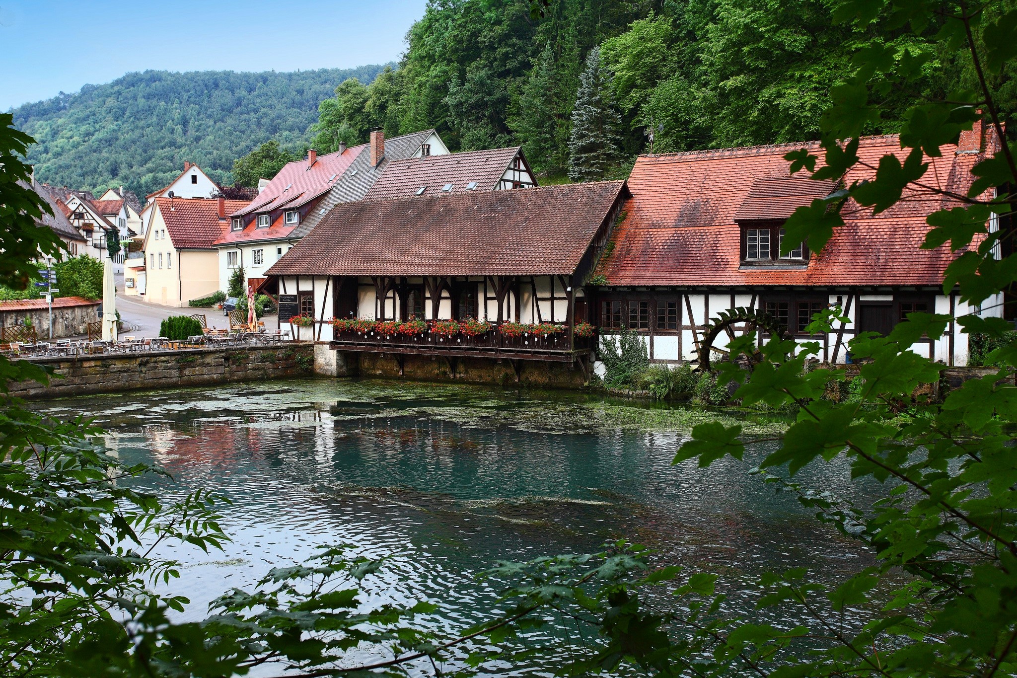 Half-timbered houses by a river in Blaubeuren, Germany HD Wallpaper