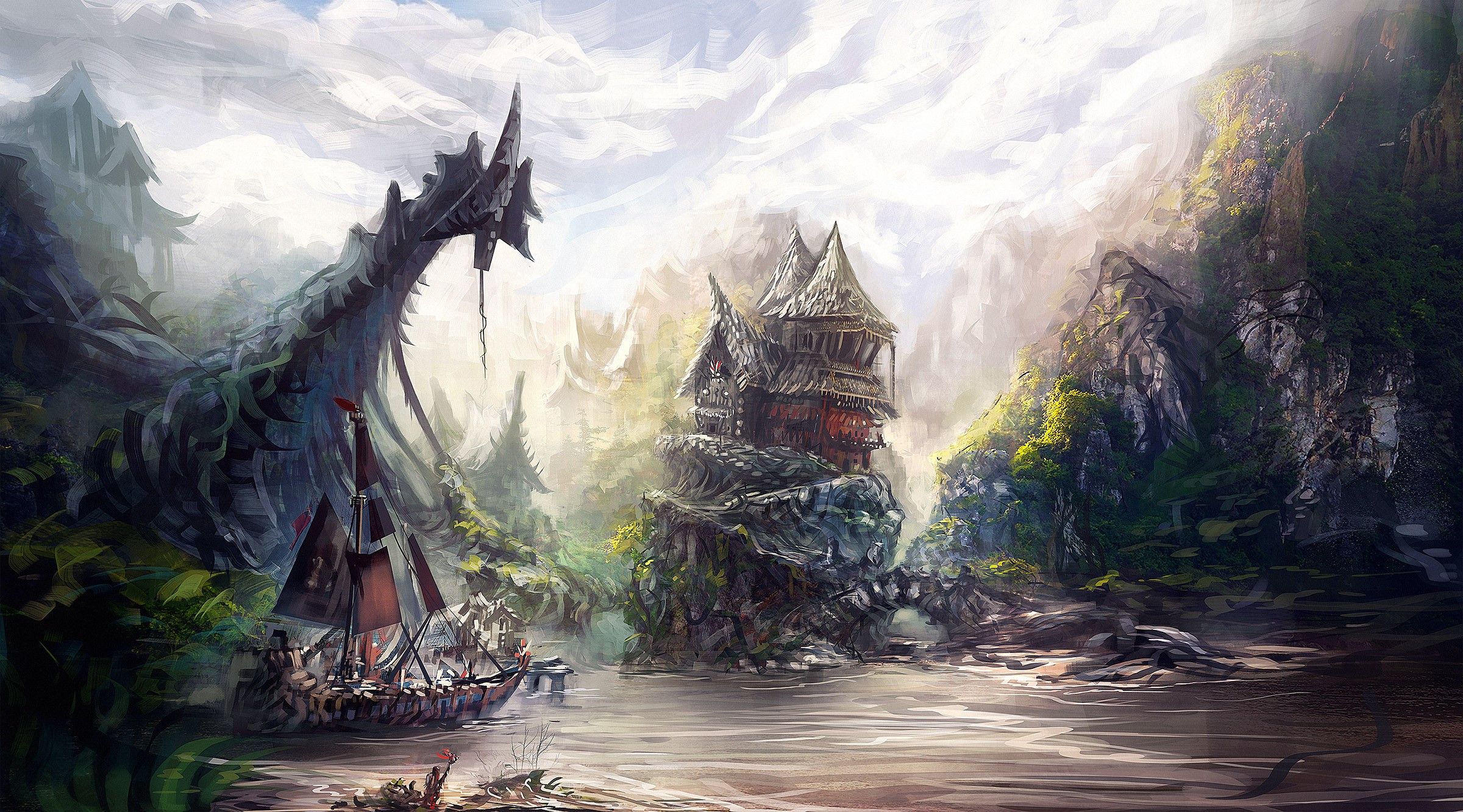 Fantasy world with a ship and a house on a cliff HD Wallpaper