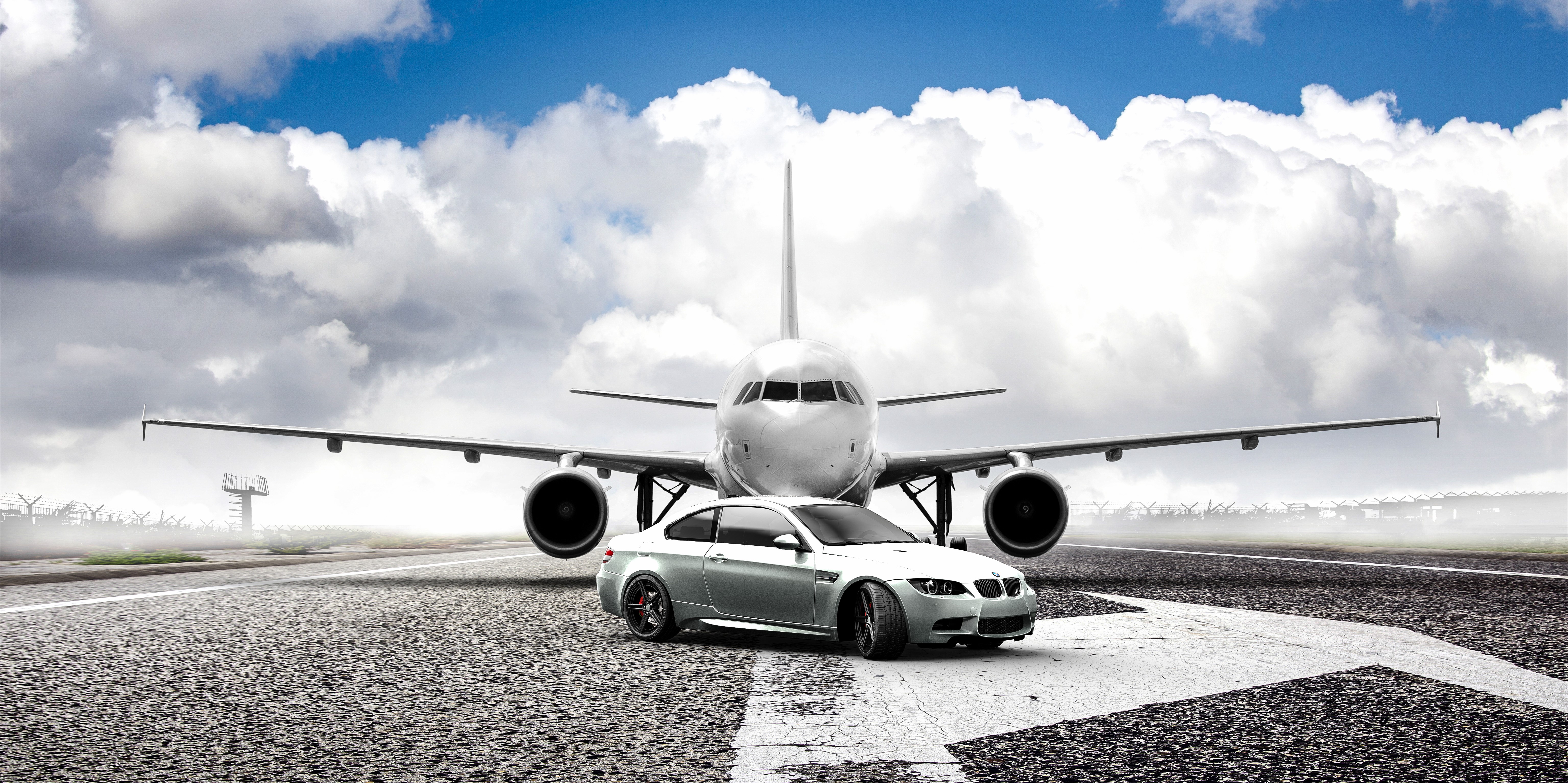 BMW M3 E92 and Passenger Airplane on Runway HD Wallpaper