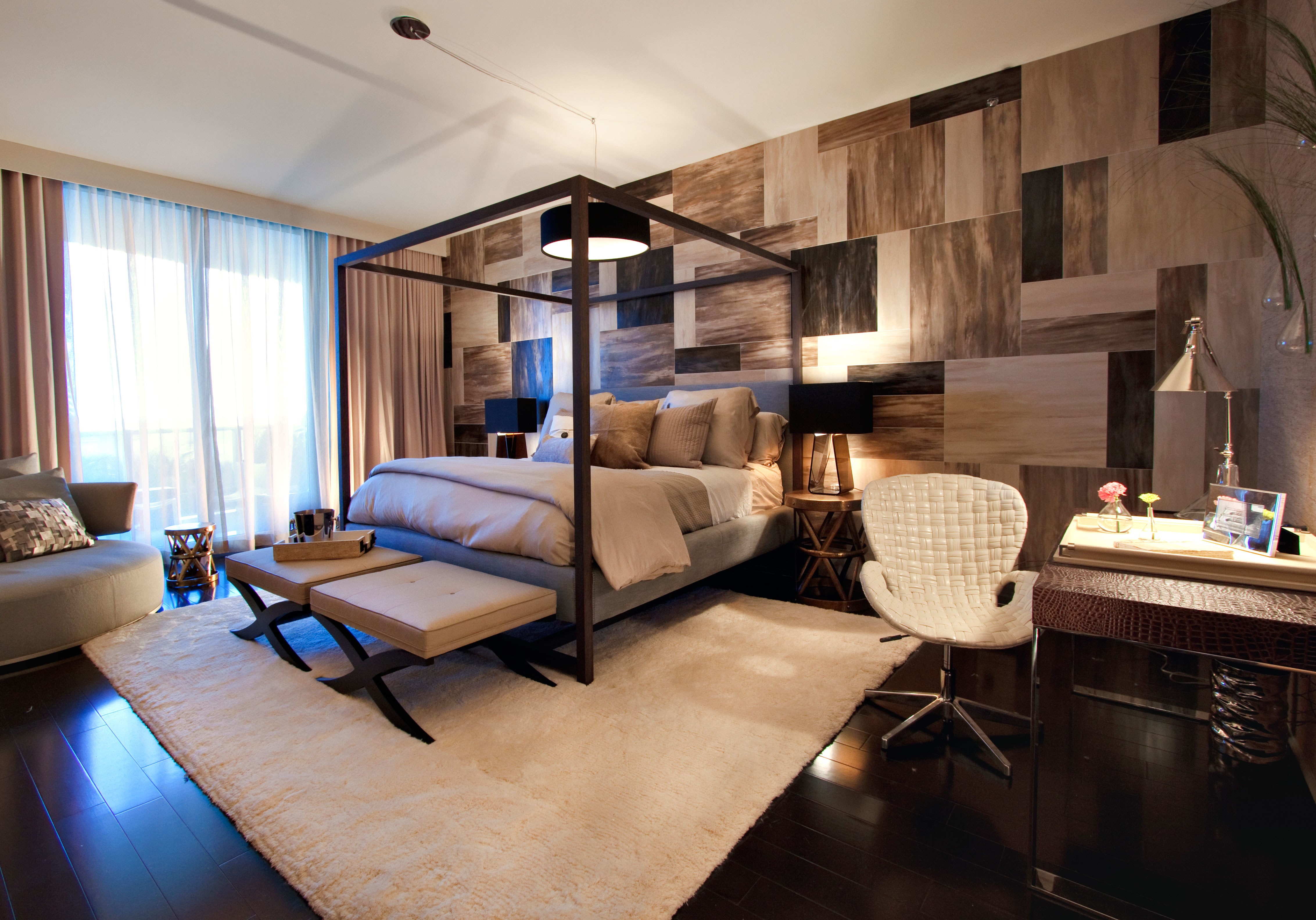 Bedroom with a four-poster bed and patterned wall HD Wallpaper