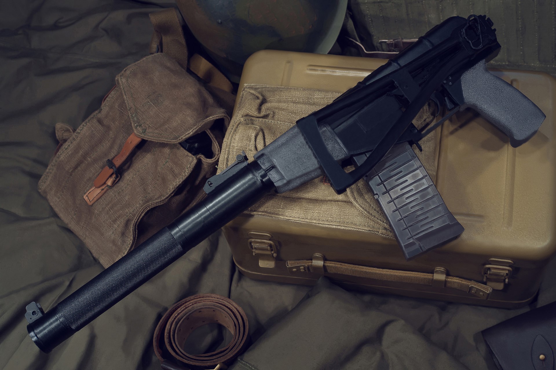 AS Val assault rifle with military gear HD Wallpaper
