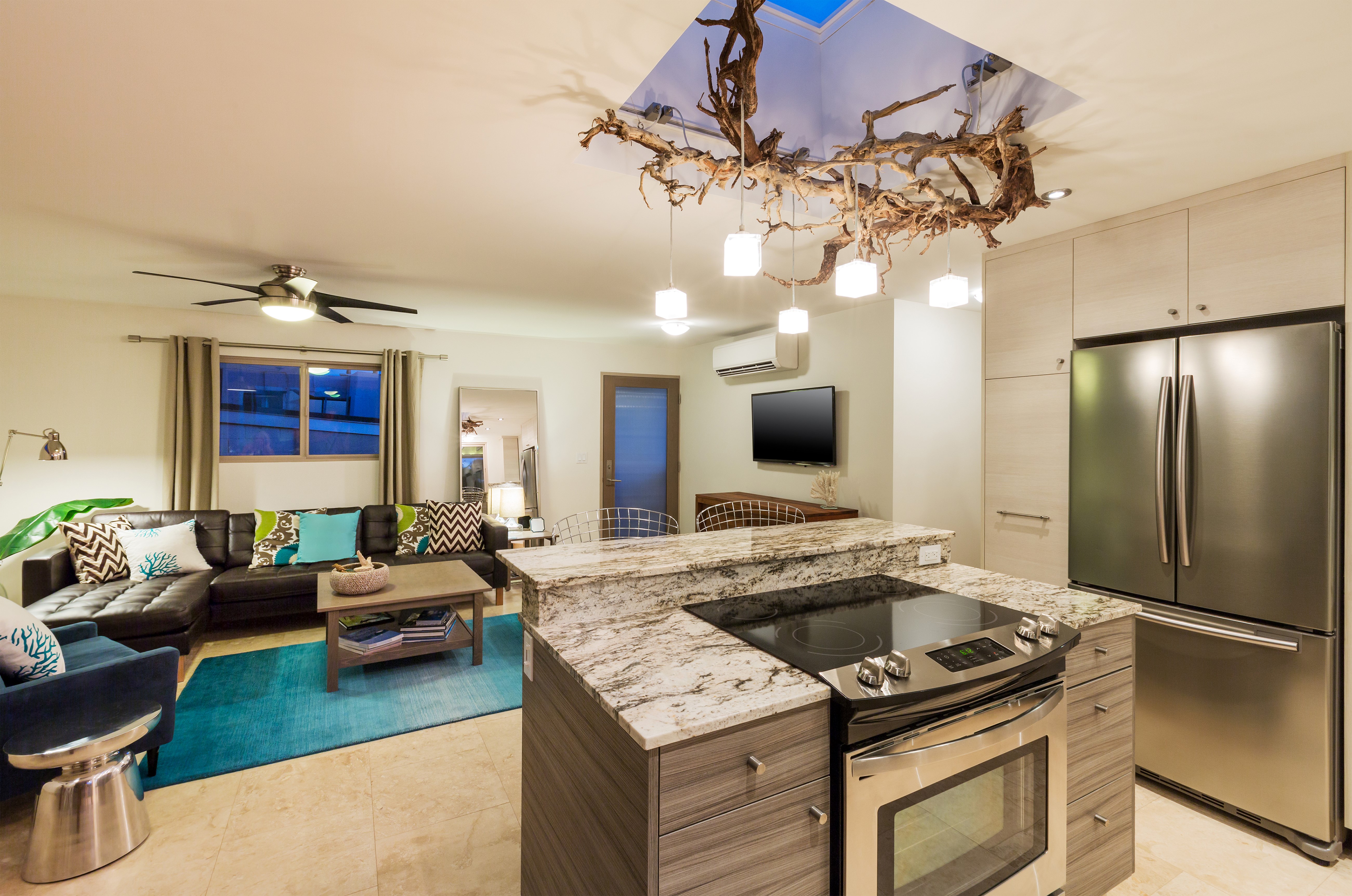 Modern living room and kitchen with island HD Wallpaper