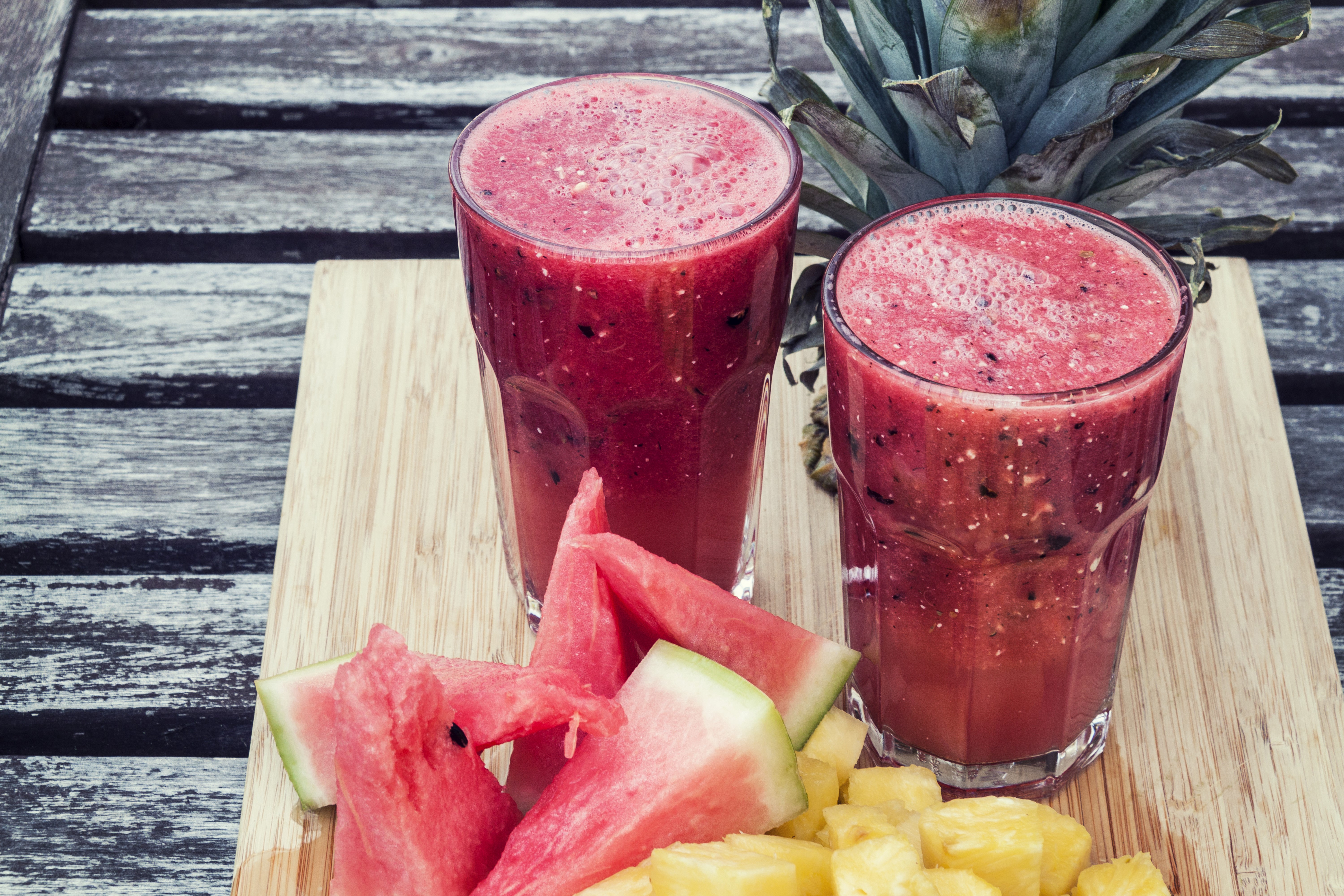 Two Watermelon Smoothies with Pineapple and Watermelon Slices HD Wallpaper