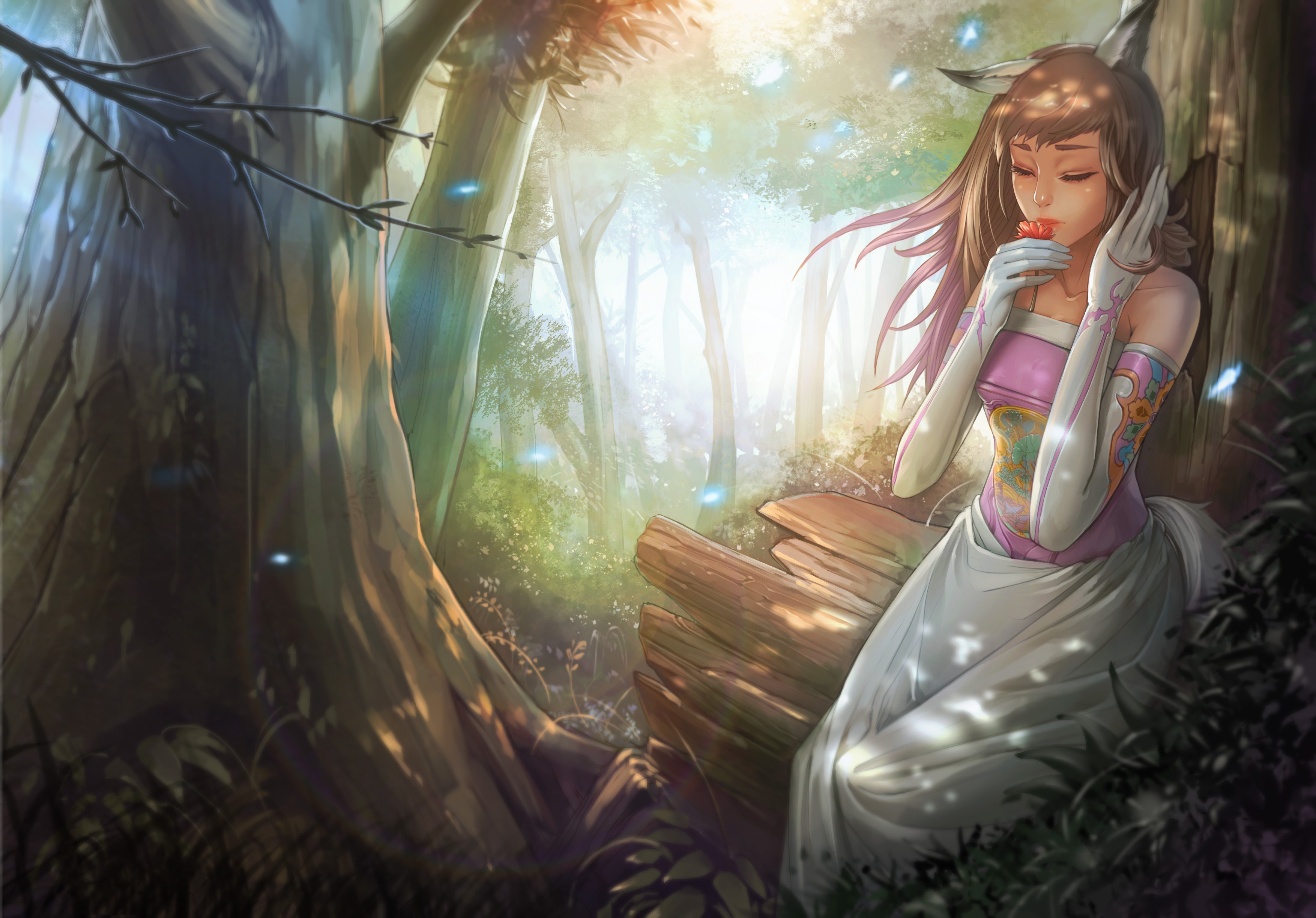 Anime girl with fox ears in a sunlit forest HD Wallpaper
