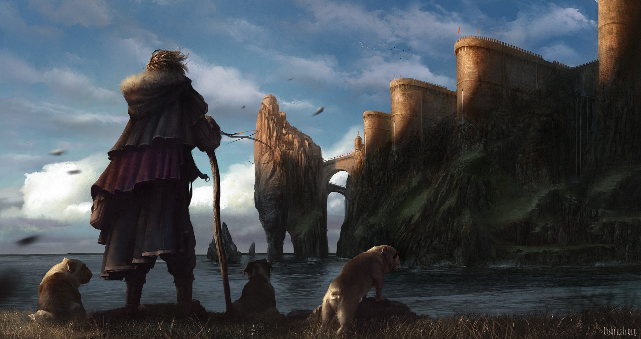 Person with dogs looking at a castle on a cliff HD Wallpaper