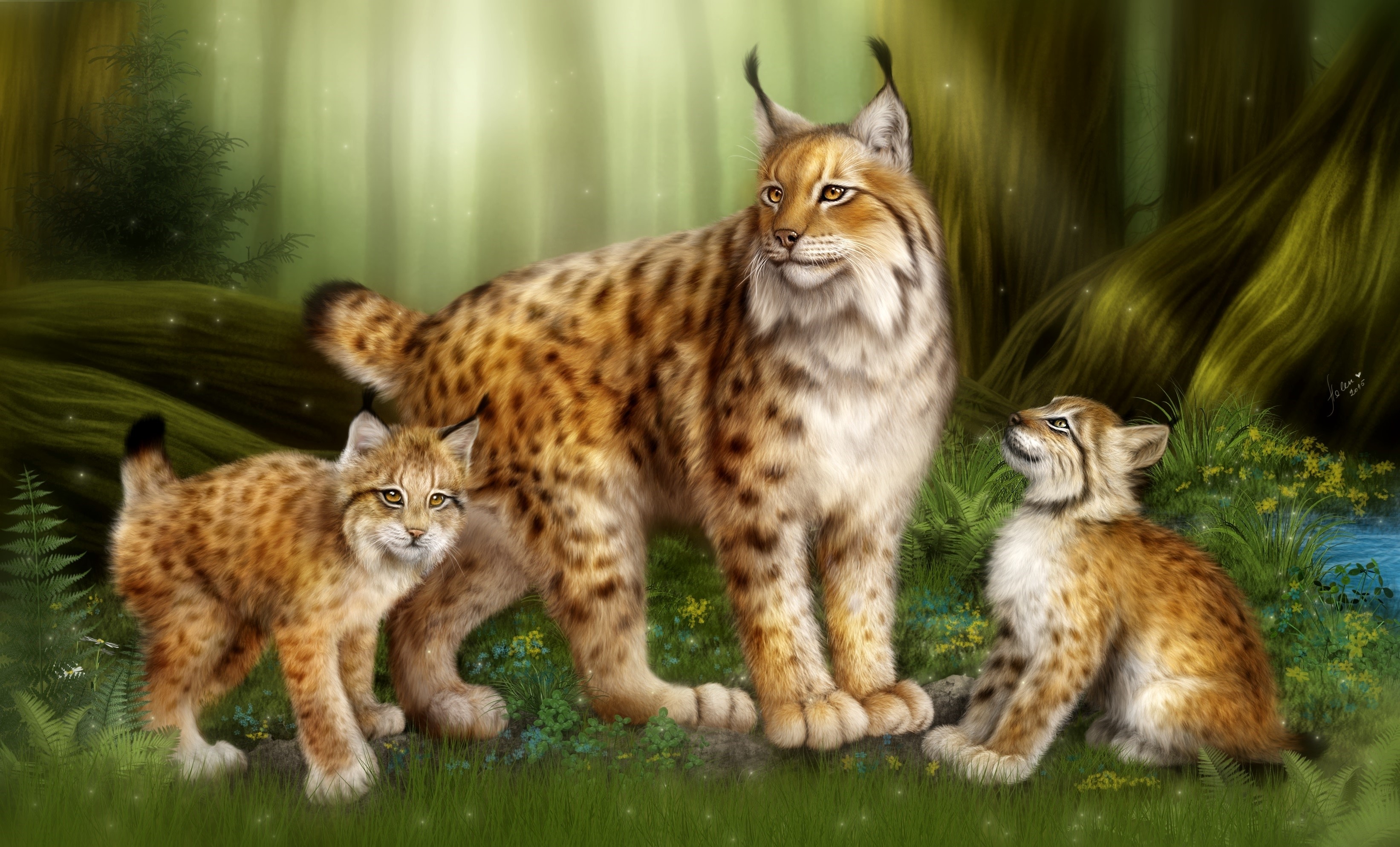 Lynx family in a forest setting HD Wallpaper