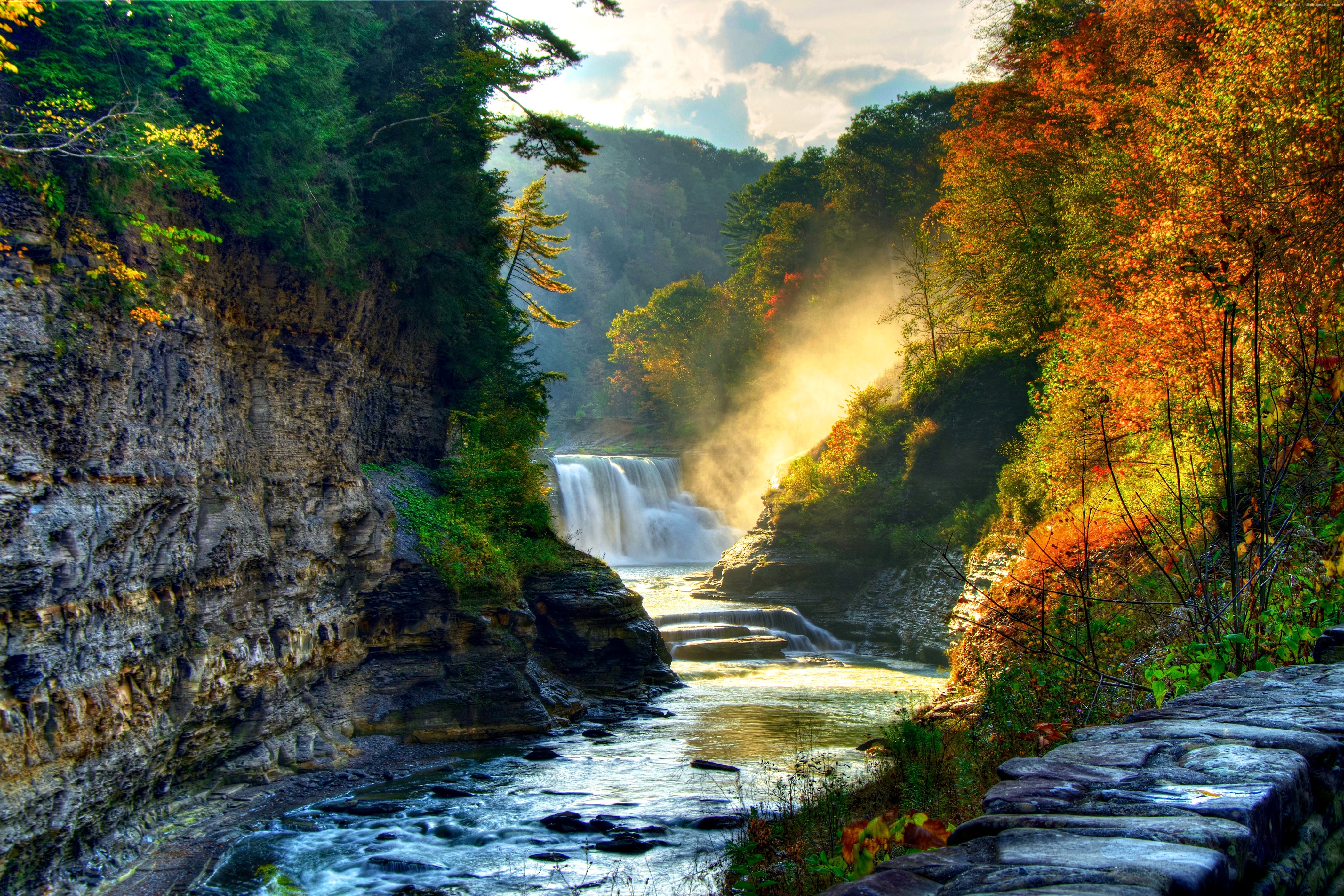 4K Autumn Waterfalls River Forest Crag HD Wallpaper