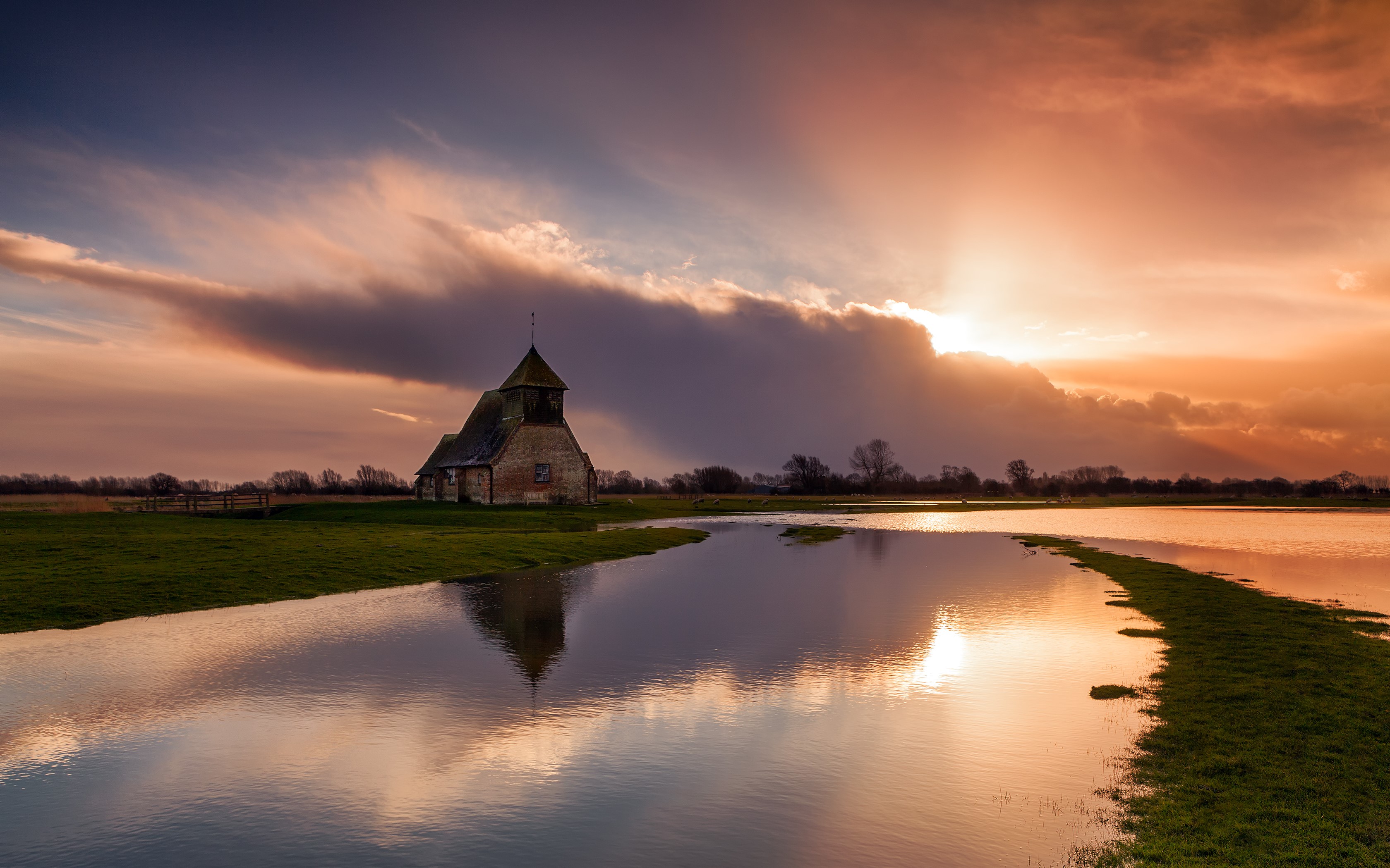 Fairfield Church on Romney Marsh at sunset HD Wallpaper