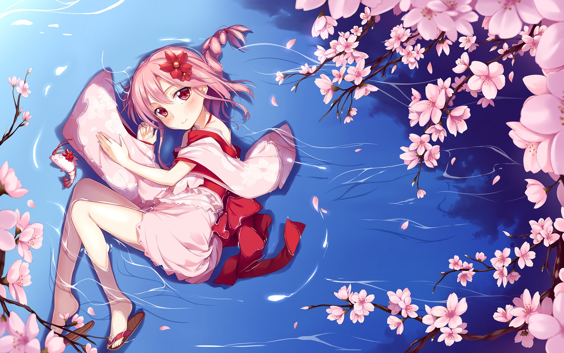 Girl in Kimono Floating Among Cherry Blossoms HD Wallpaper