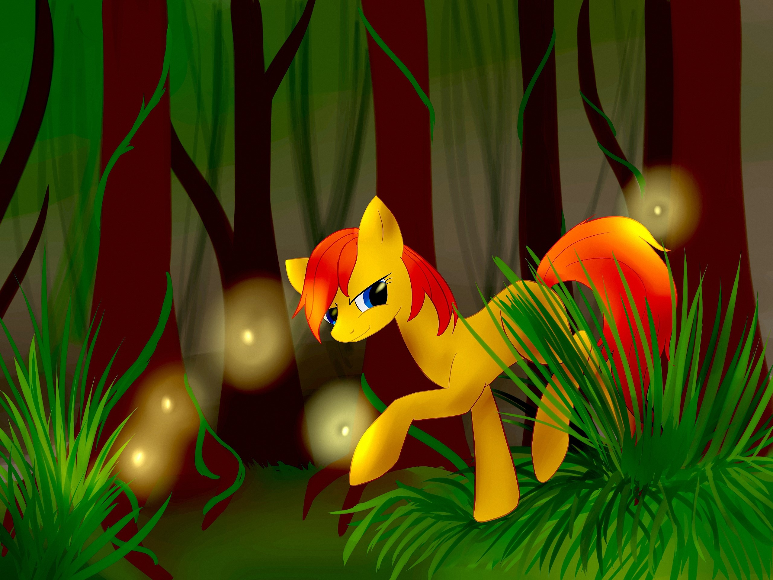 Pony in a dark forest with fireflies HD Wallpaper