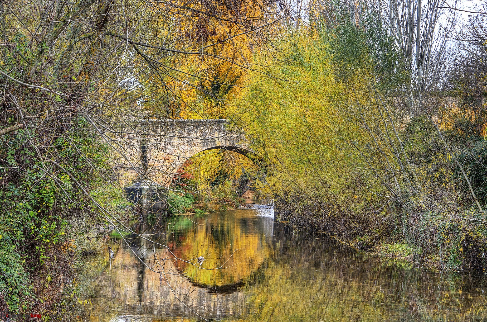 Stone bridge over a river in autumn HD Wallpaper