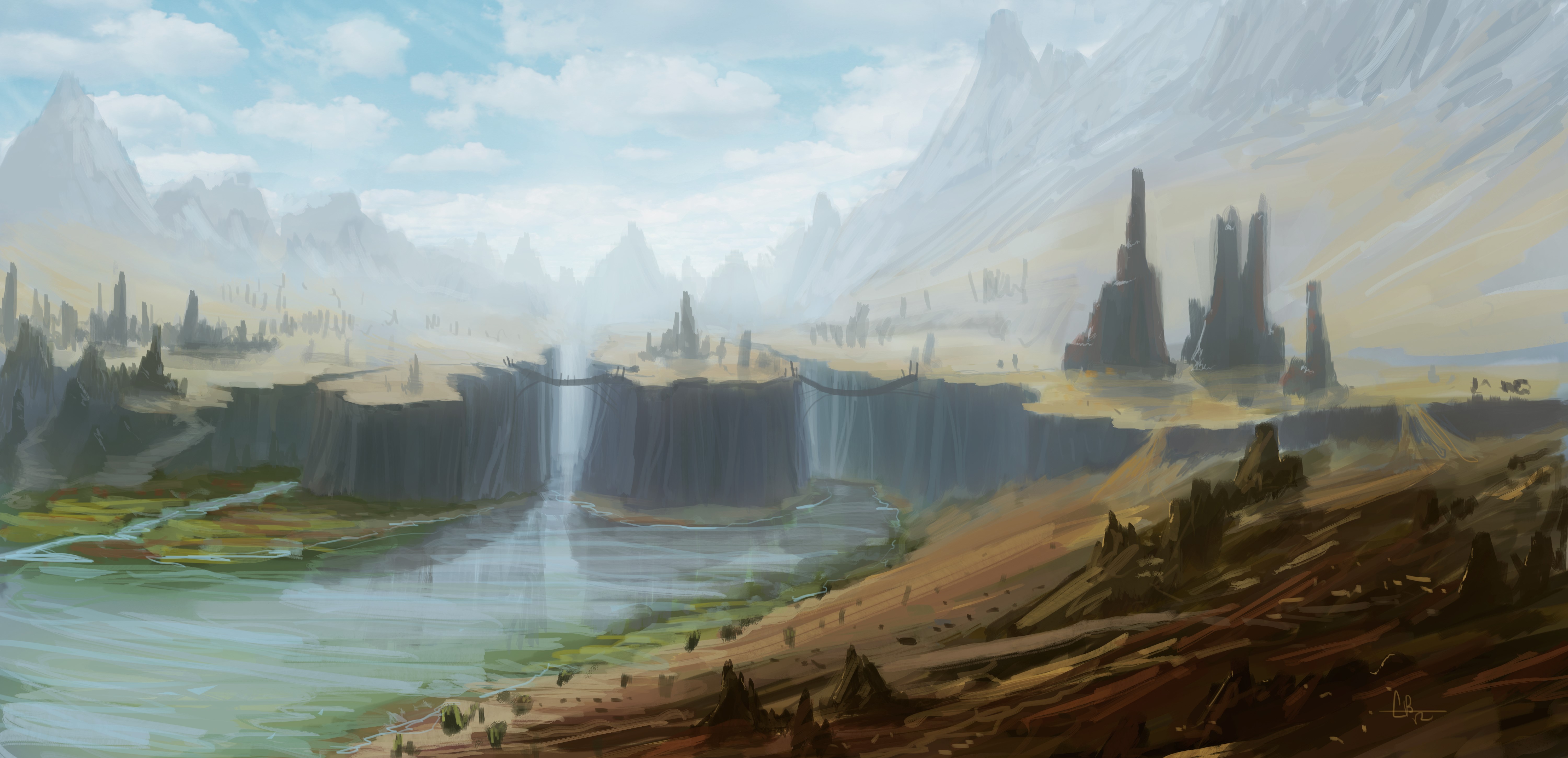 Fantasy landscape with mountains, rivers, and rock formations HD Wallpaper