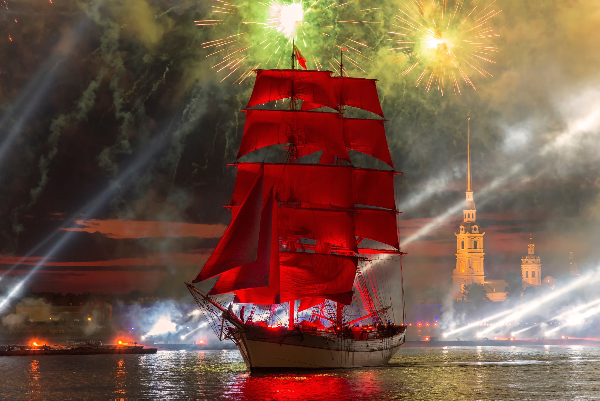 Ship with red sails and fireworks over St. Petersburg HD Wallpaper