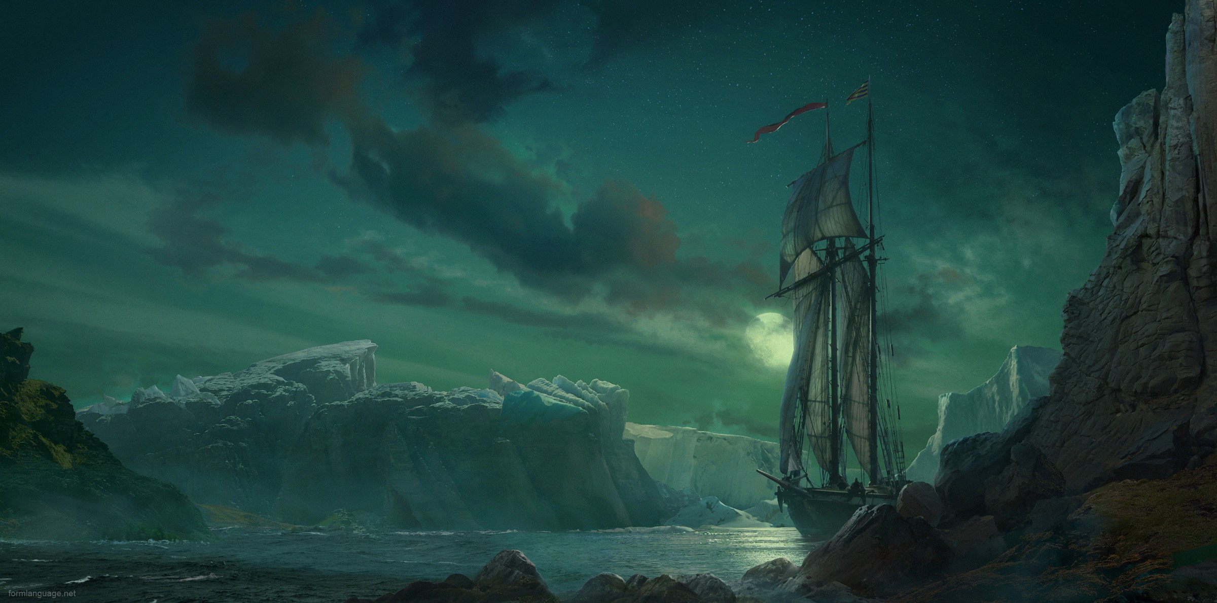 Sailing ship in a moonlit bay with icebergs HD Wallpaper