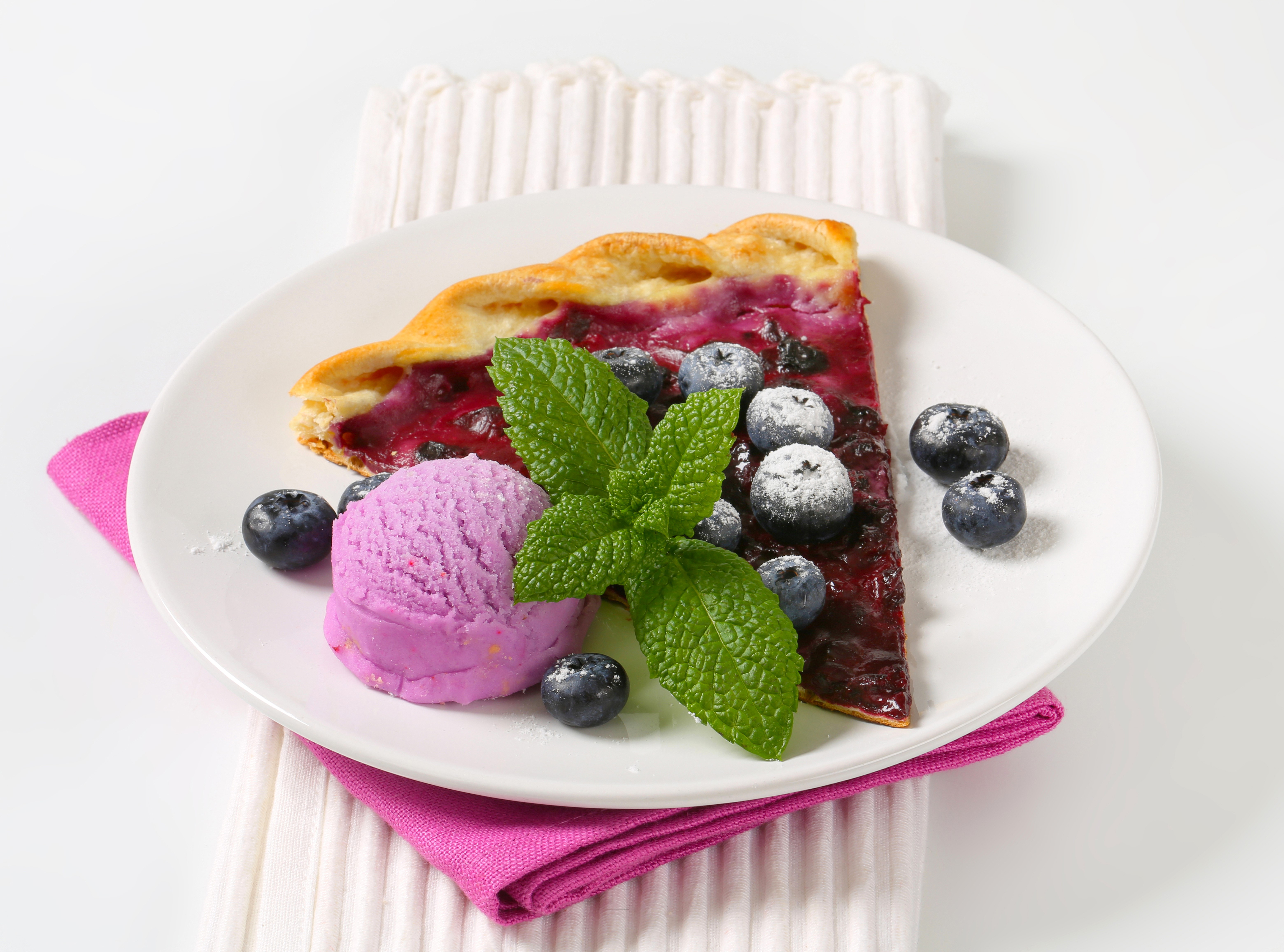 Slice of Blueberry Pie with Ice Cream and Mint HD Wallpaper