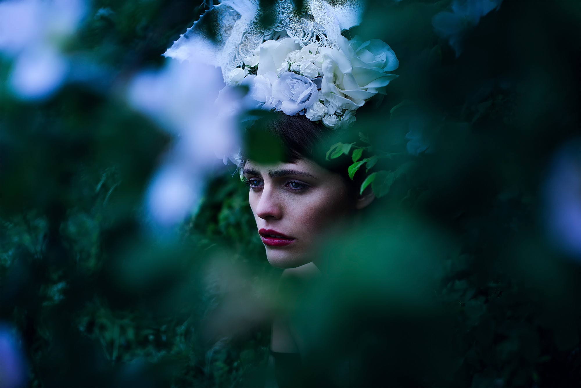 Woman with flower crown in foliage HD Wallpaper