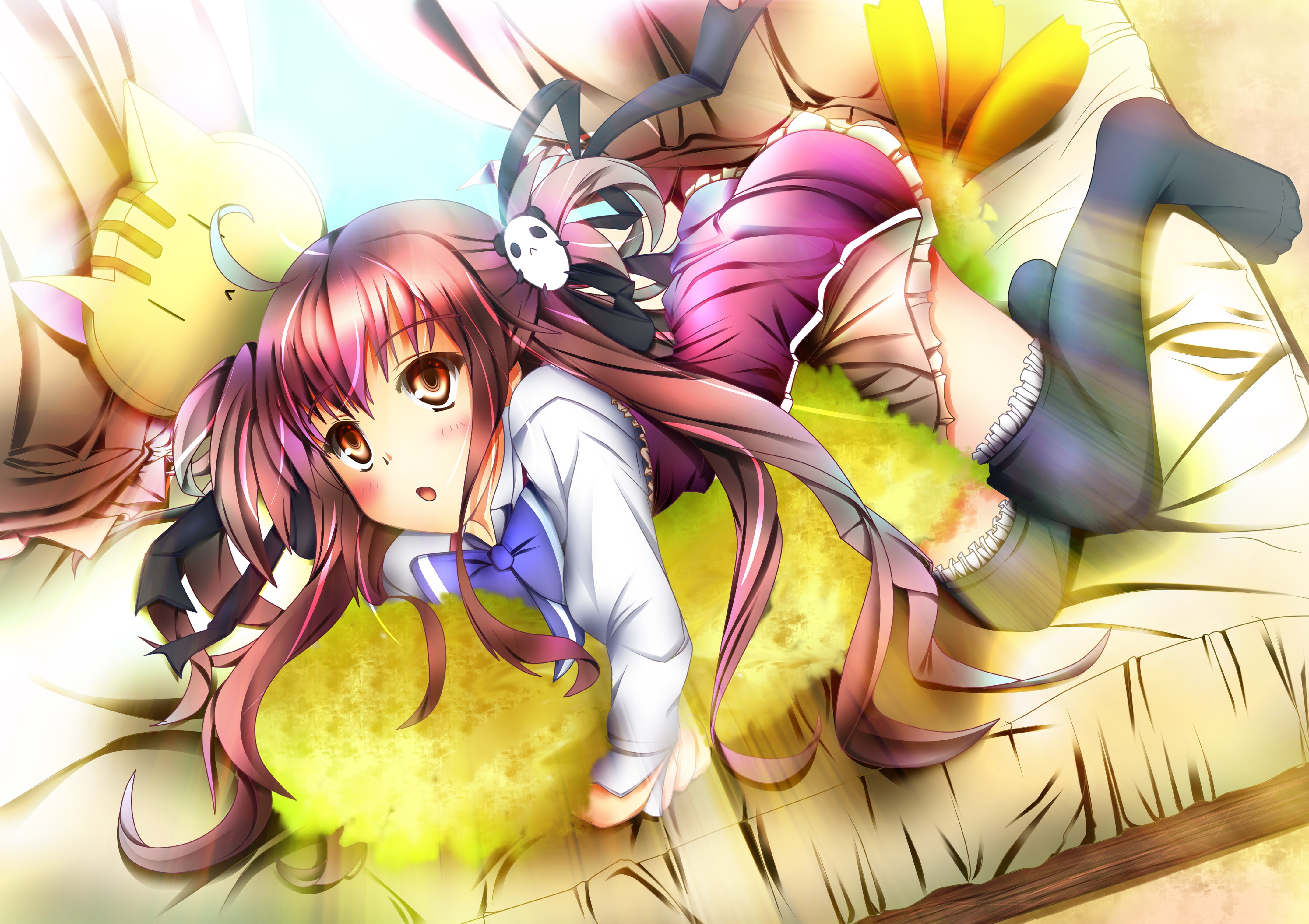 4K anime girl with cat plushie HD Wallpaper