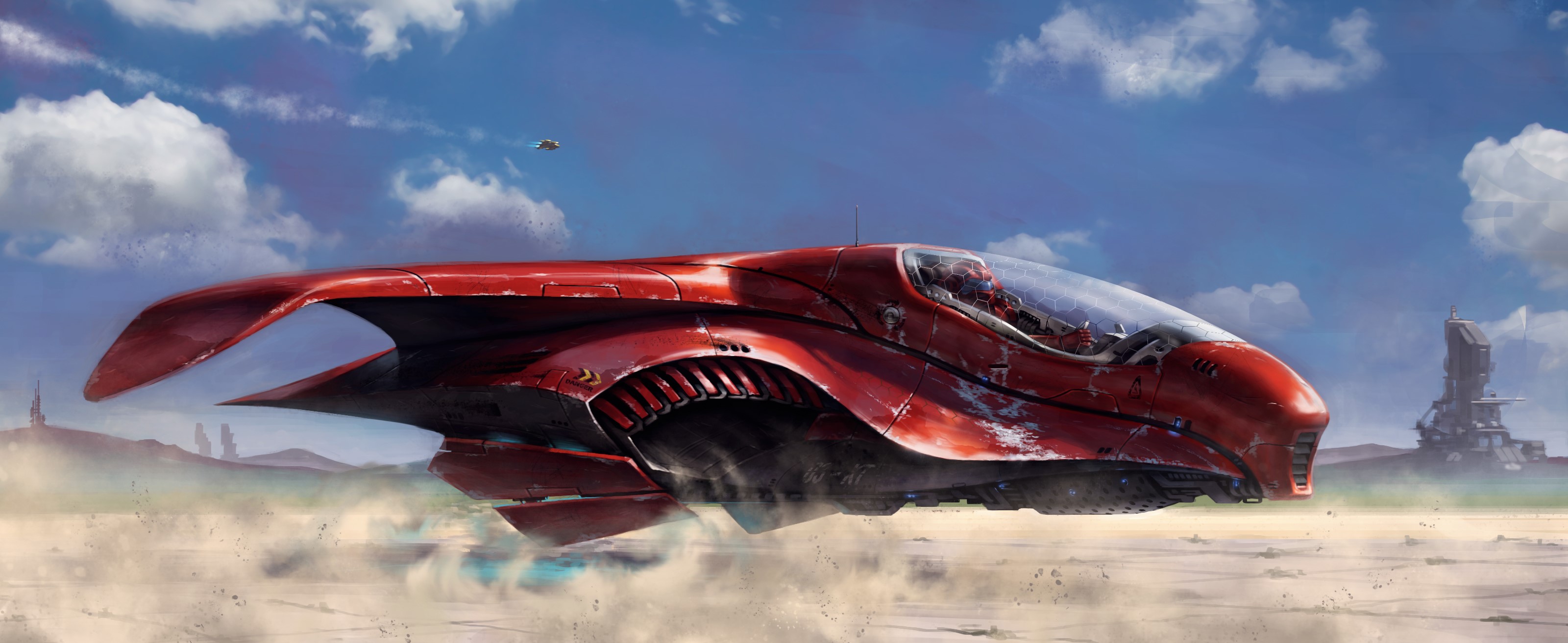 Red futuristic vehicle speeding through a desert landscape HD Wallpaper