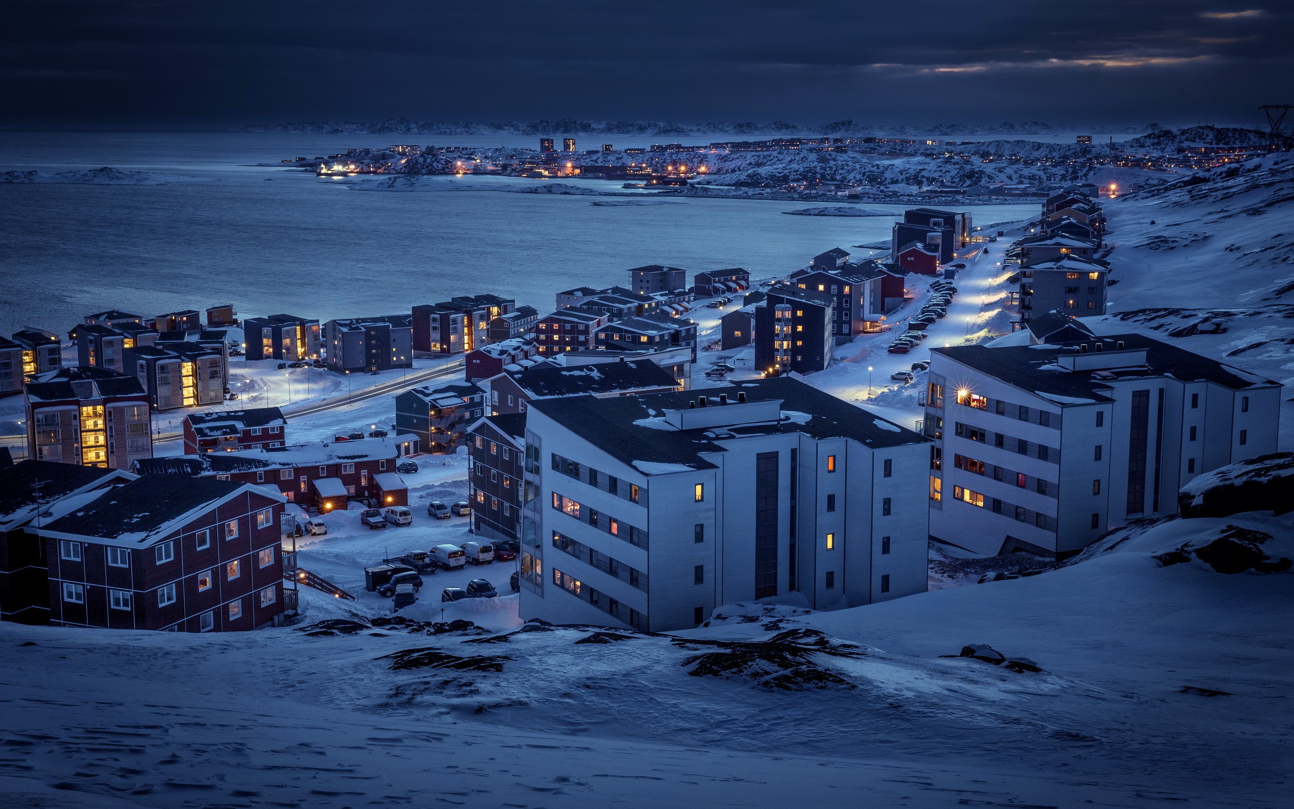 Winter night in Nuuk, Greenland HD Wallpaper