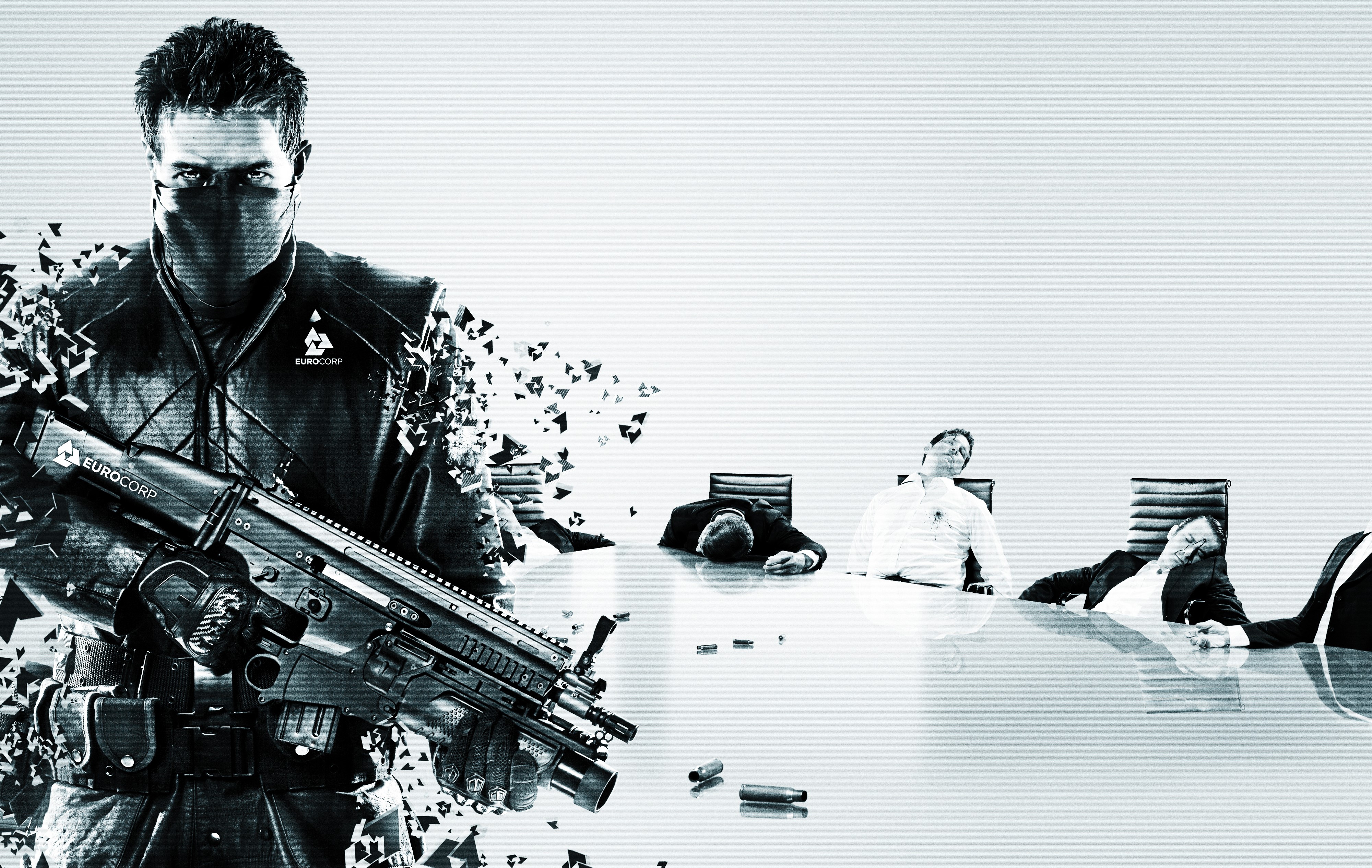 EuroCorp Agent with Assault Rifle and Unconscious Men HD Wallpaper