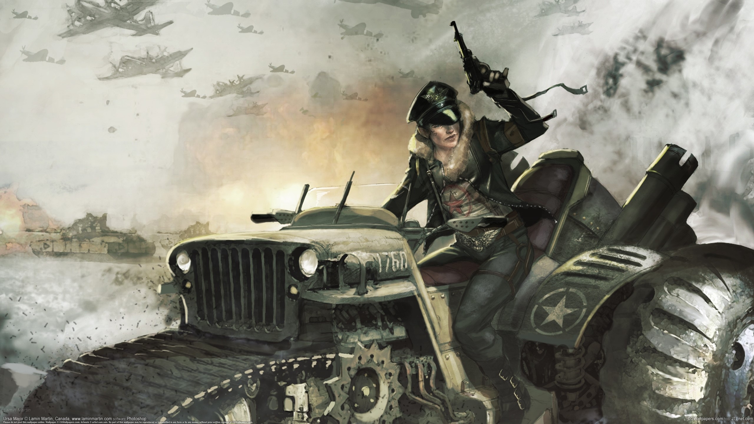 Woman in military uniform driving a tank-jeep with planes overhead HD Wallpaper