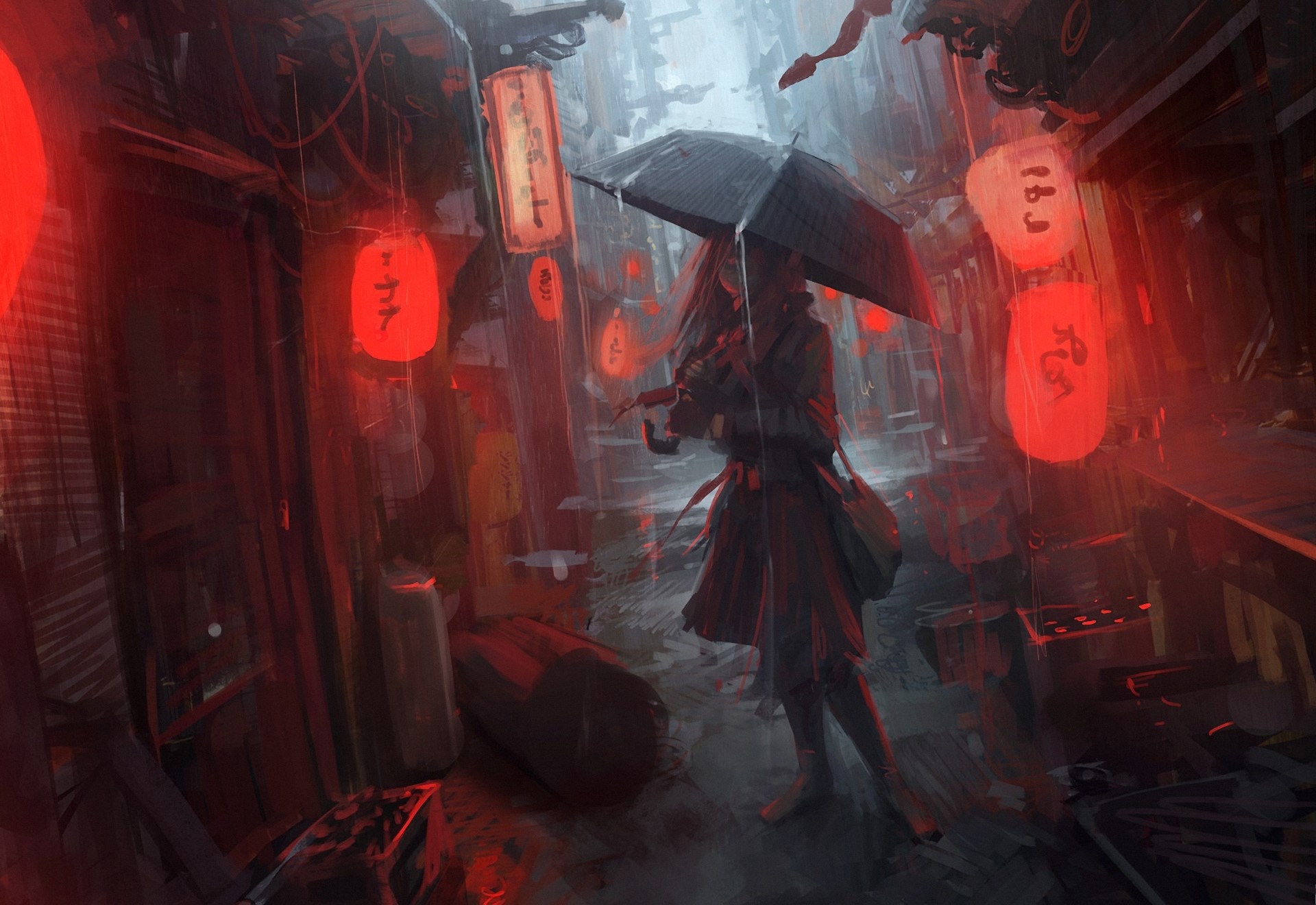 Girl with umbrella in rainy street with lanterns HD Wallpaper