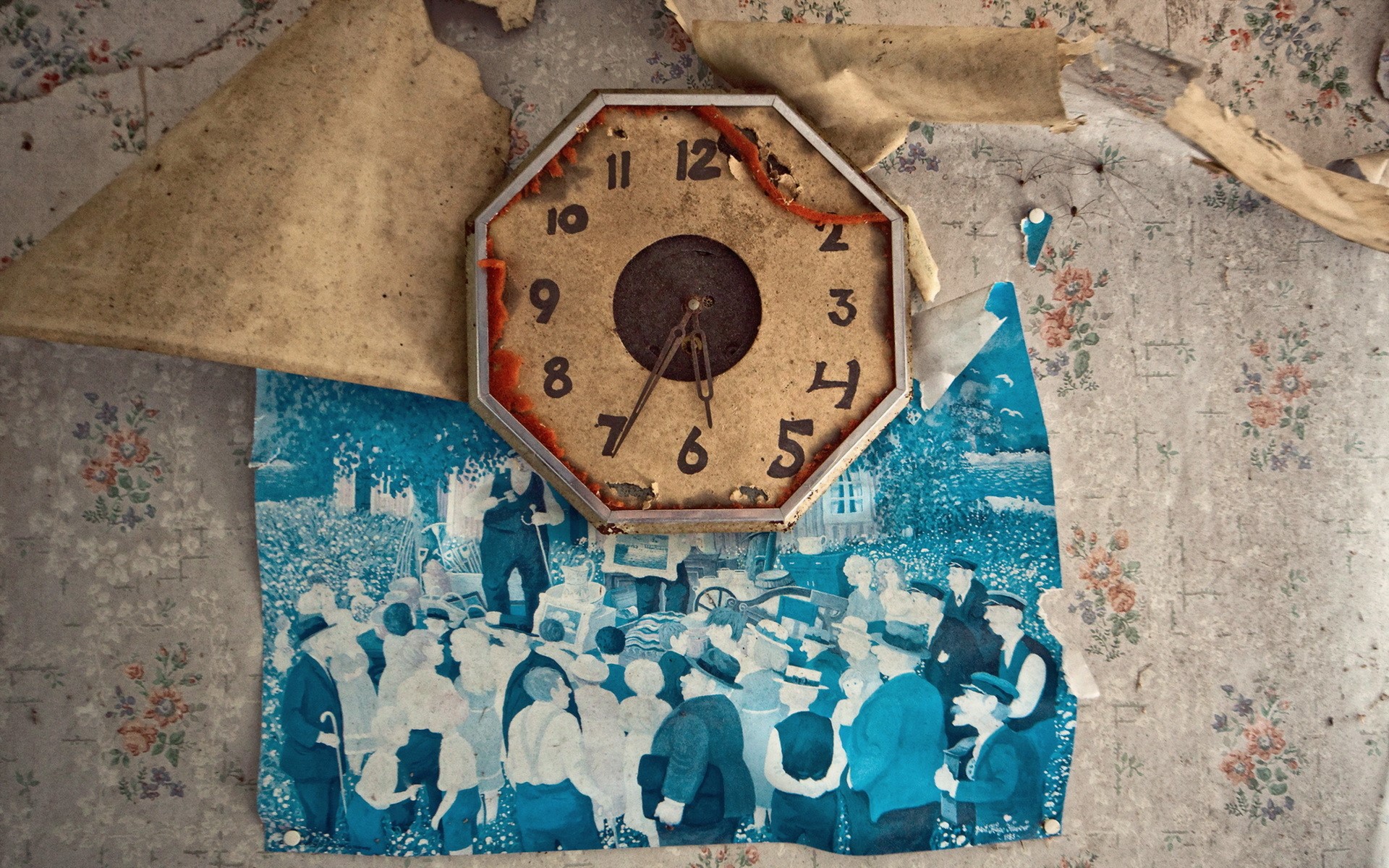 Octagonal clock on a wall with peeling wallpaper HD Wallpaper