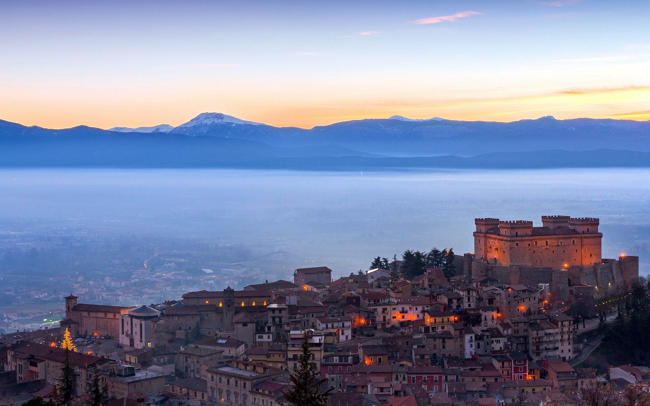 Castello di Celano, Italy at Dusk HD Wallpaper