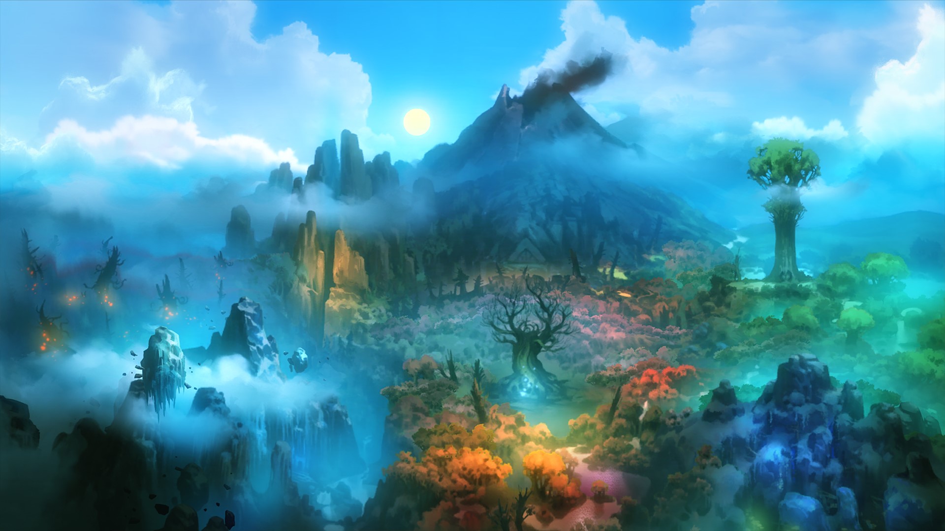 Fantasy landscape with volcano and unique trees HD Wallpaper