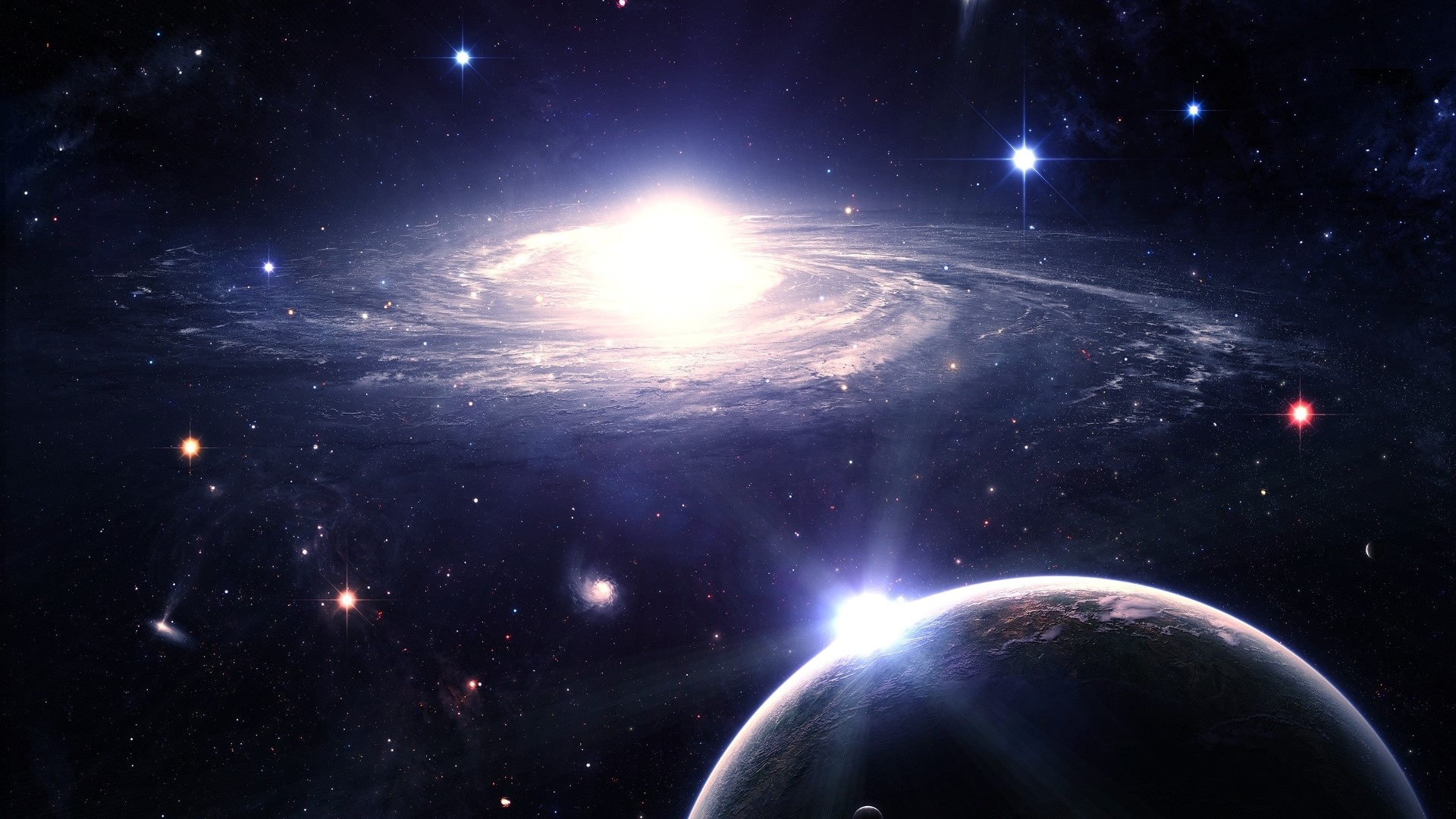 Galaxy and Planet in Outer Space HD Wallpaper