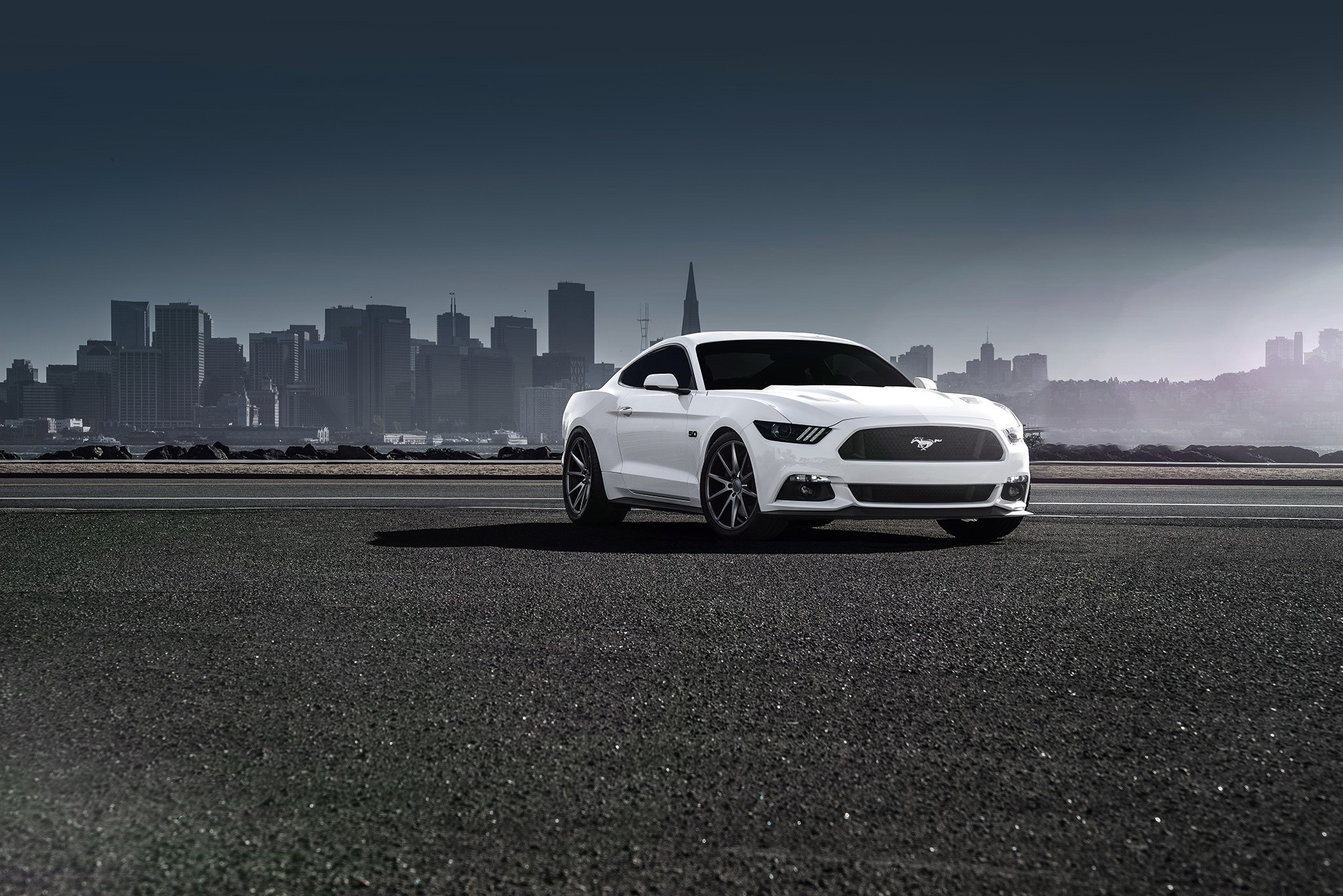 White 2015 Ford Mustang on Asphalt with City Skyline HD Wallpaper