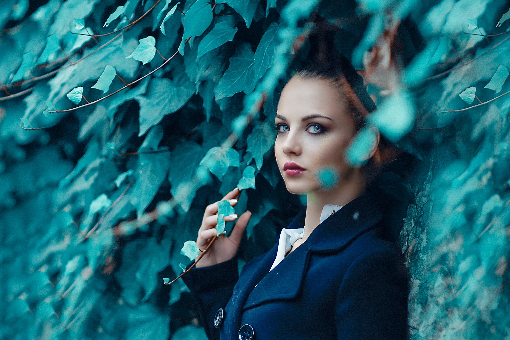 Woman in coat near foliage HD Wallpaper