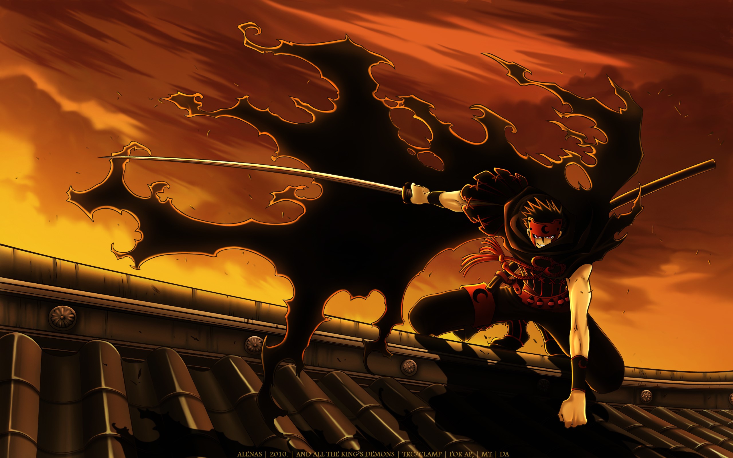 Samurai with a cloak and sword on a rooftop HD Wallpaper