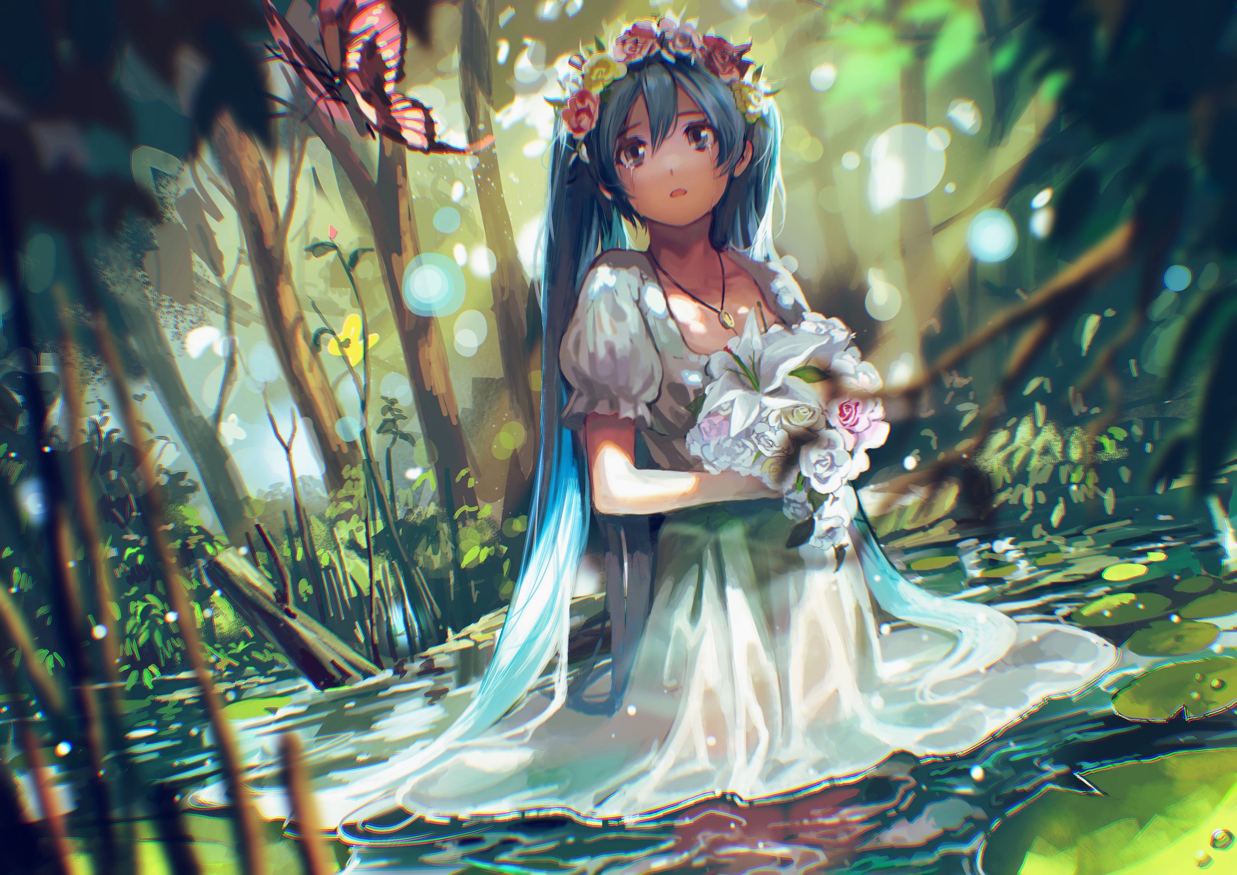 4K Hatsune Miku from Vocaloid in a forest HD Wallpaper