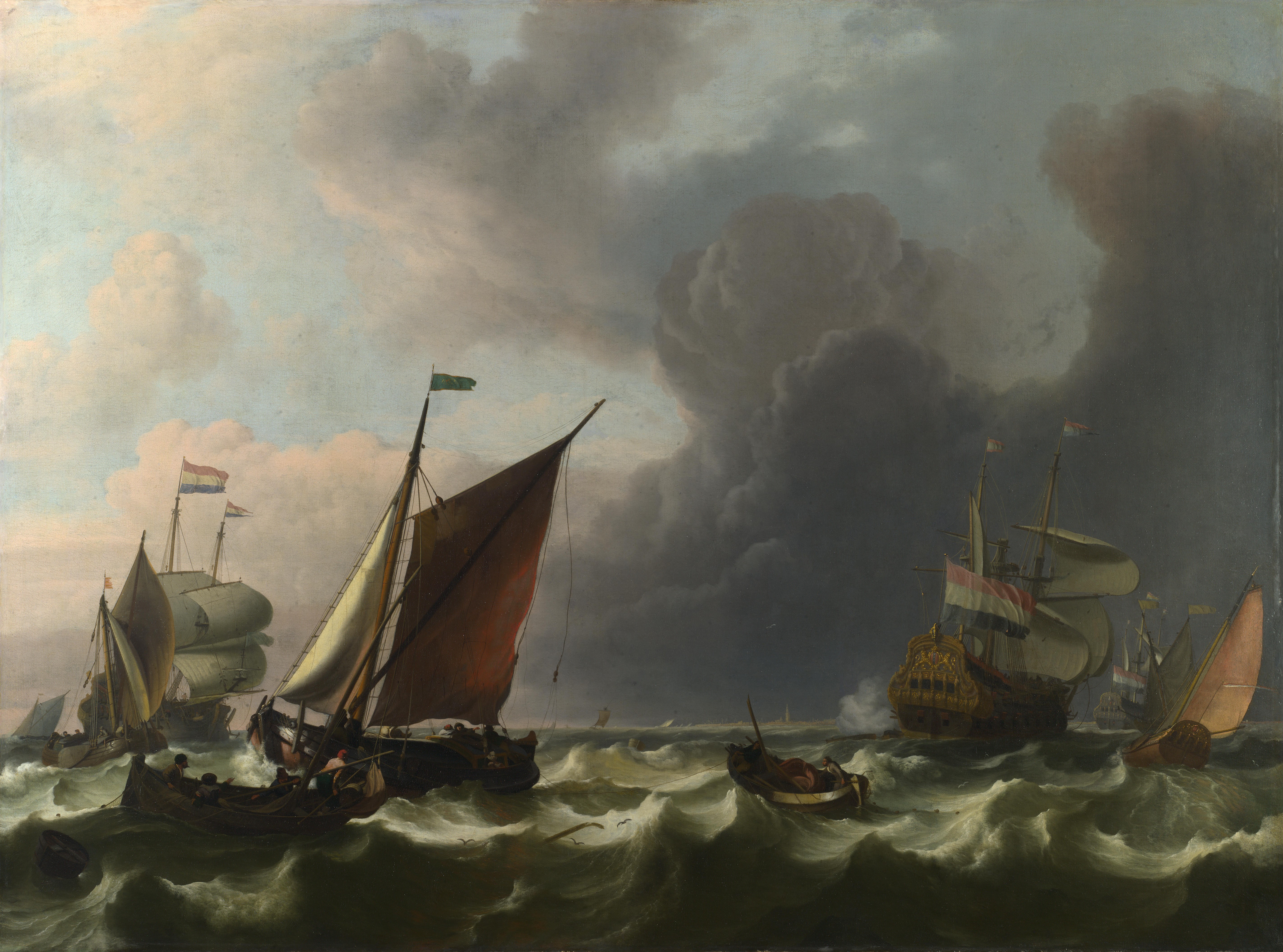 Dutch Men-of-war and Small Vessels in a Fresh Breeze off Enkhuizen HD Wallpaper