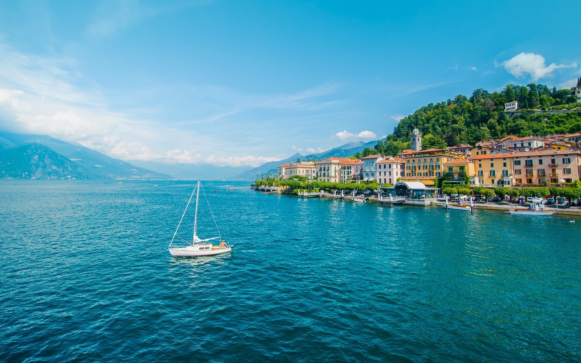 Sailboat on Lake Como near Bellagio, Lombardy, Italy HD Wallpaper