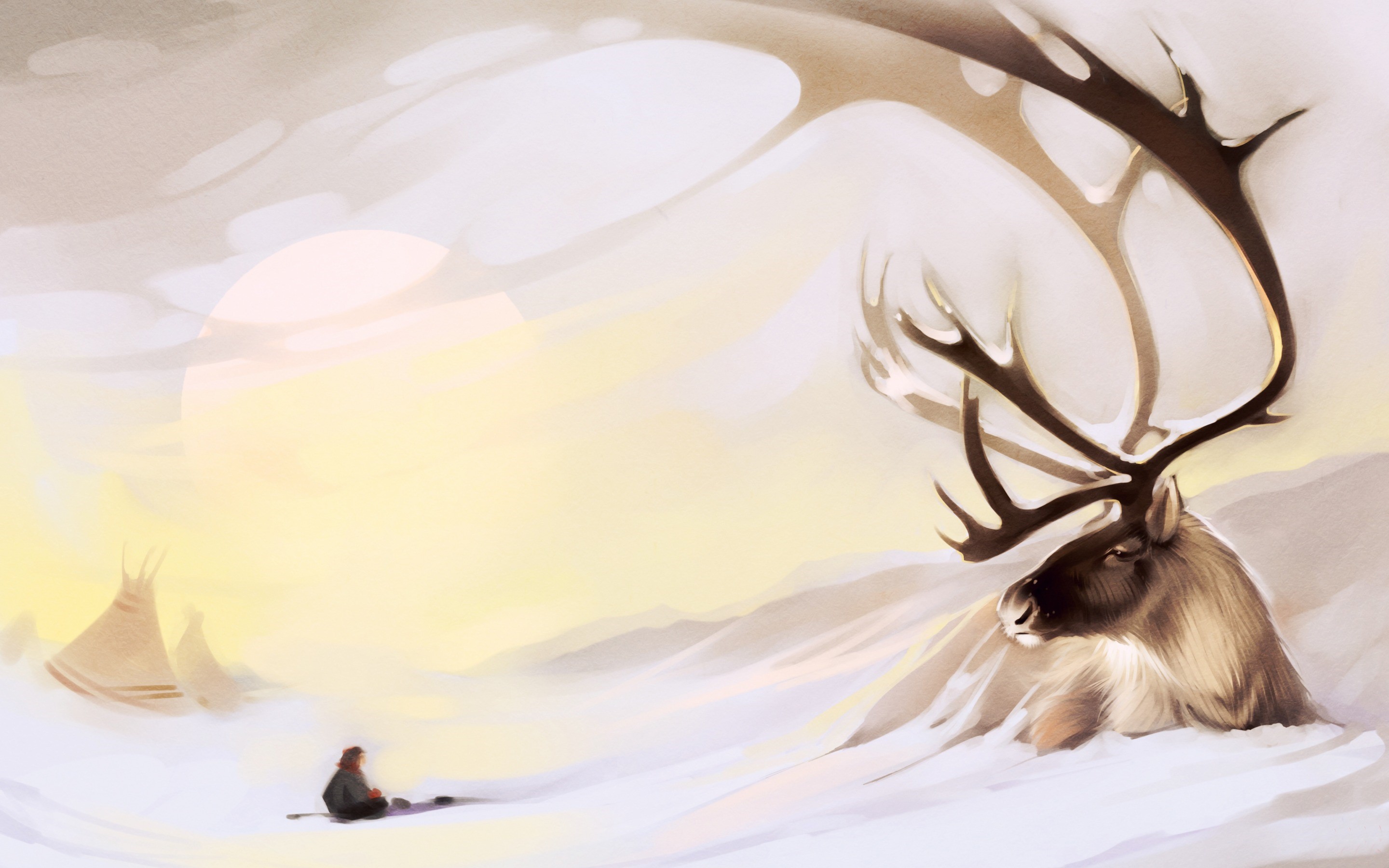 Reindeer and person in snowy landscape with tents HD Wallpaper