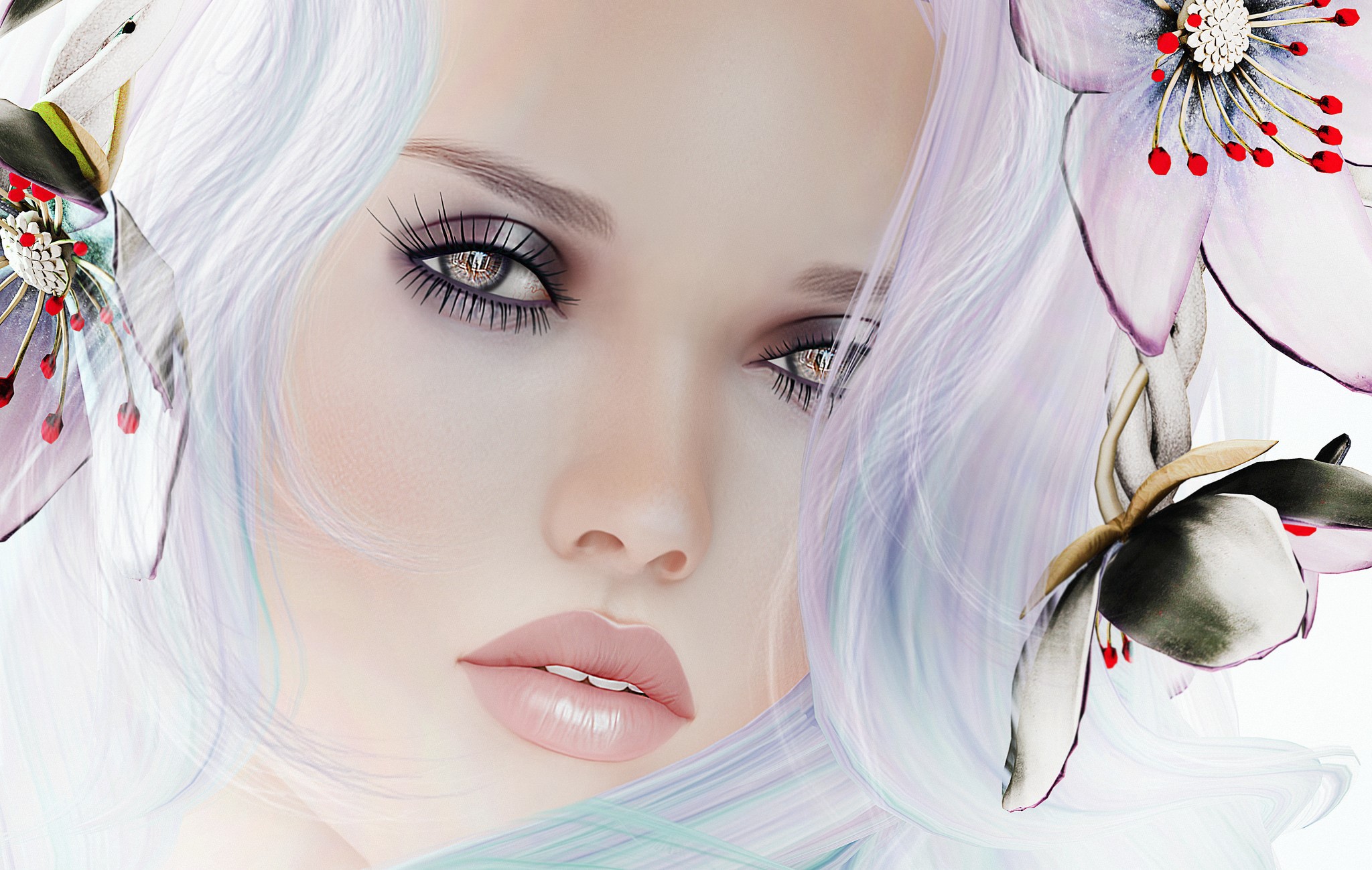 Close-up of a woman's face with flowers HD Wallpaper