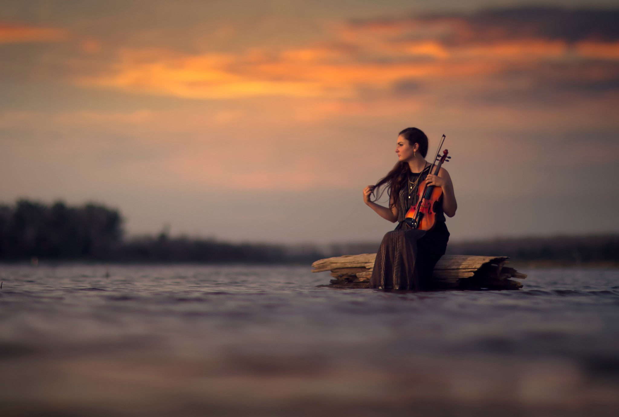 Woman with violin sitting on a log in water at sunset HD Wallpaper