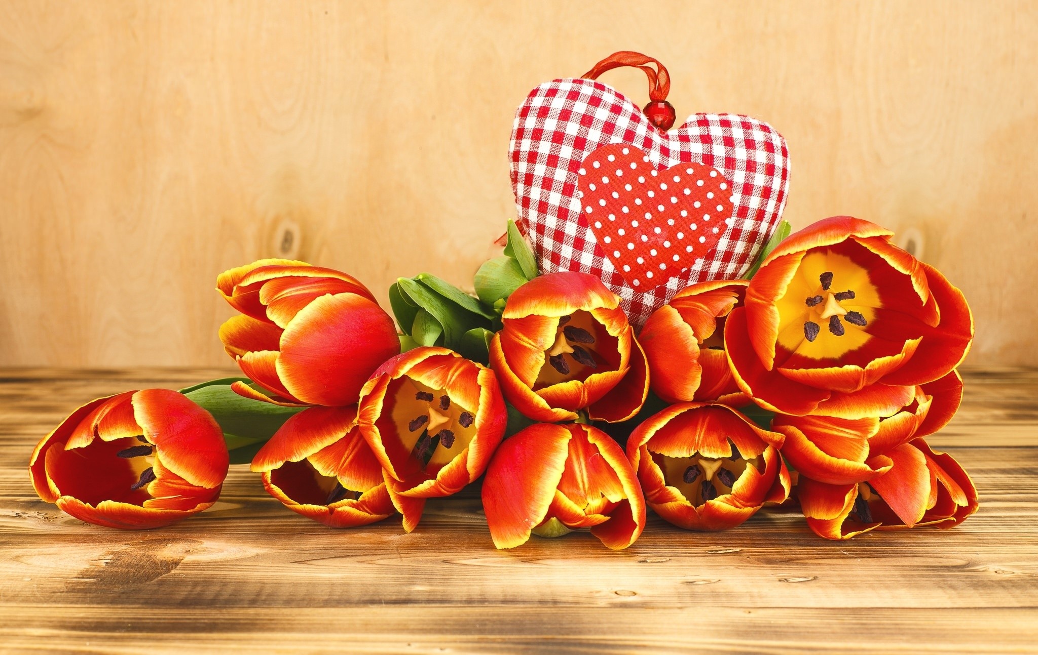 Red Tulips and a Valentine's Heart Decoration HD Wallpaper