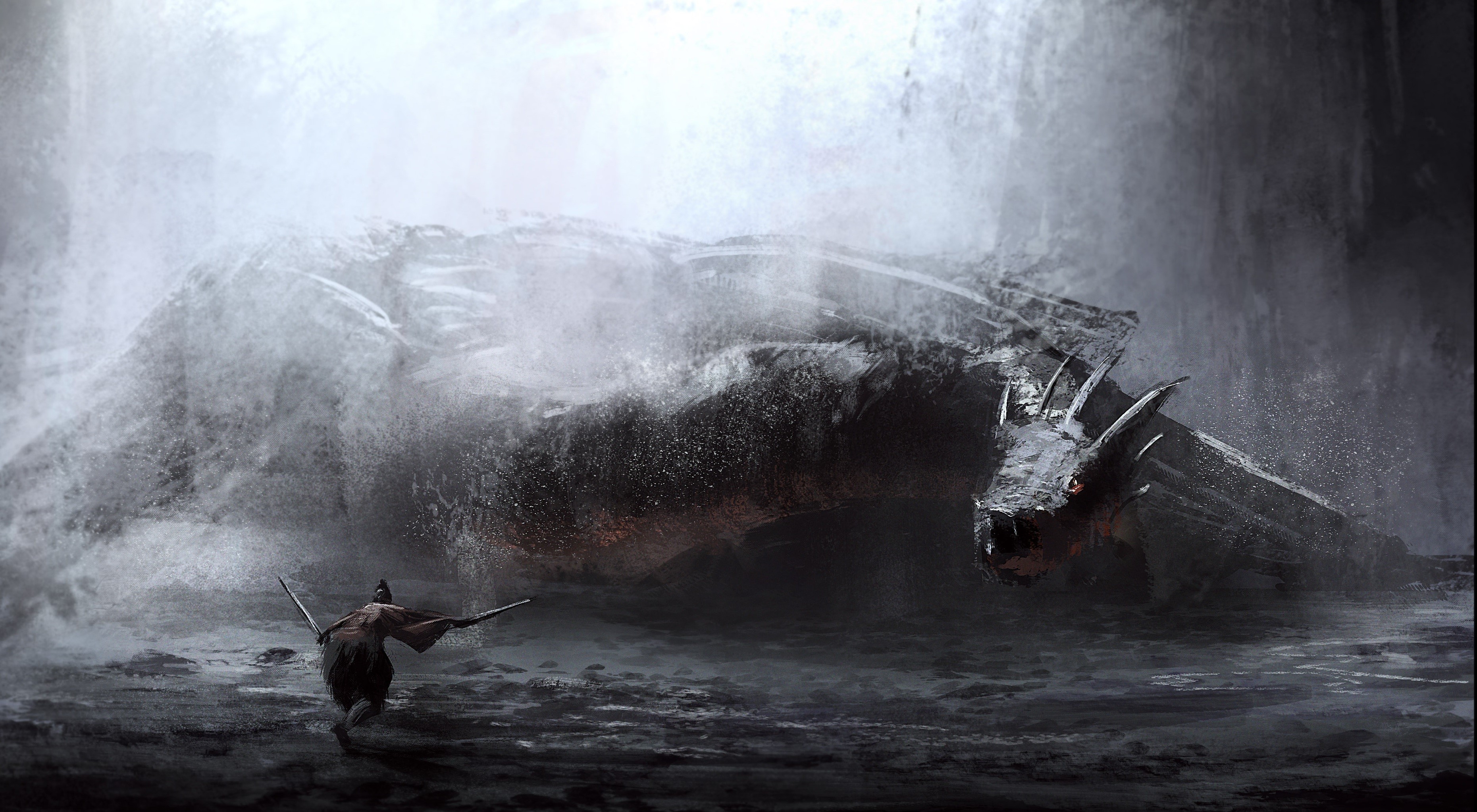 A warrior faces a large dragon in a misty environment HD Wallpaper