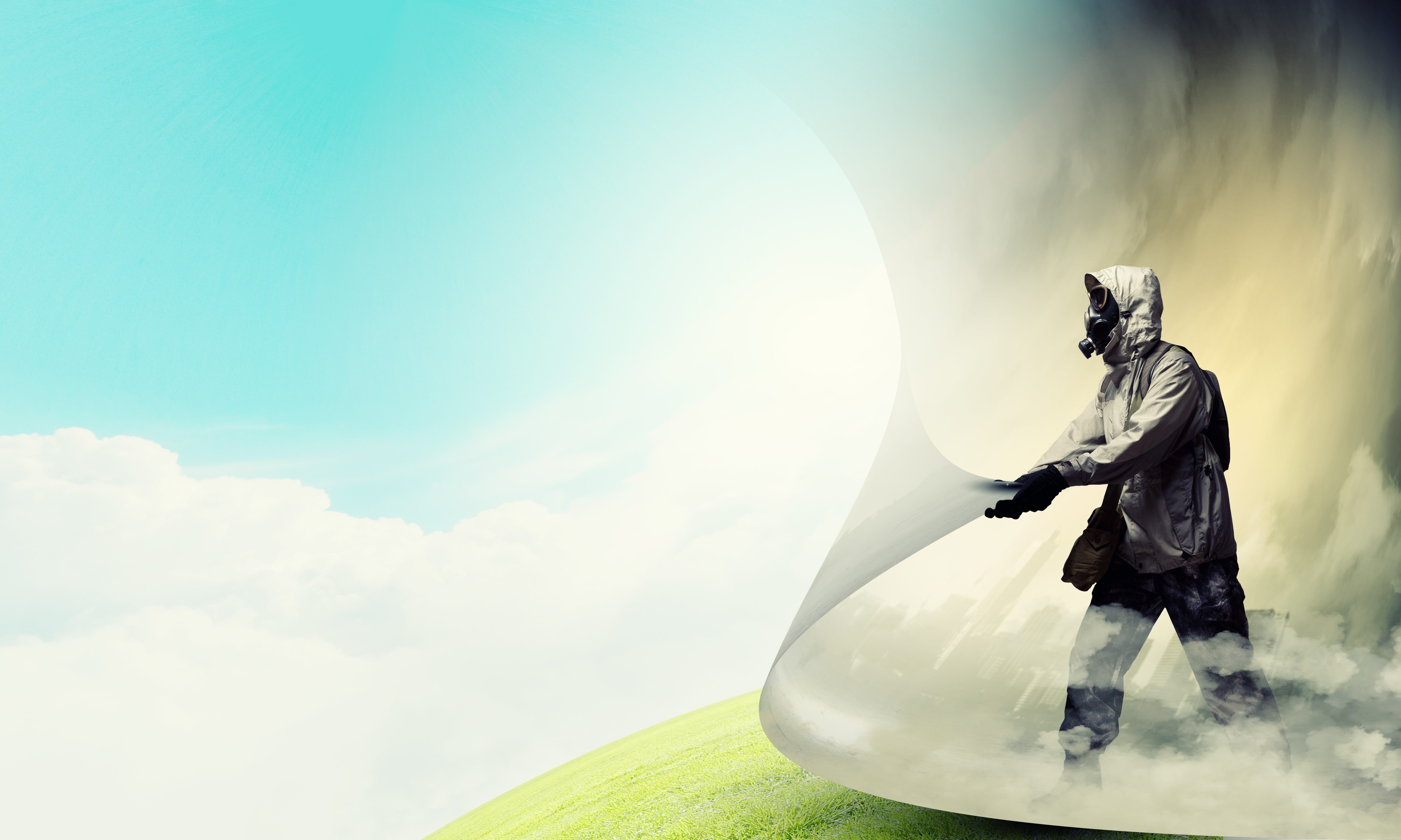 Person in gas mask pulling back a curtain of smoke HD Wallpaper