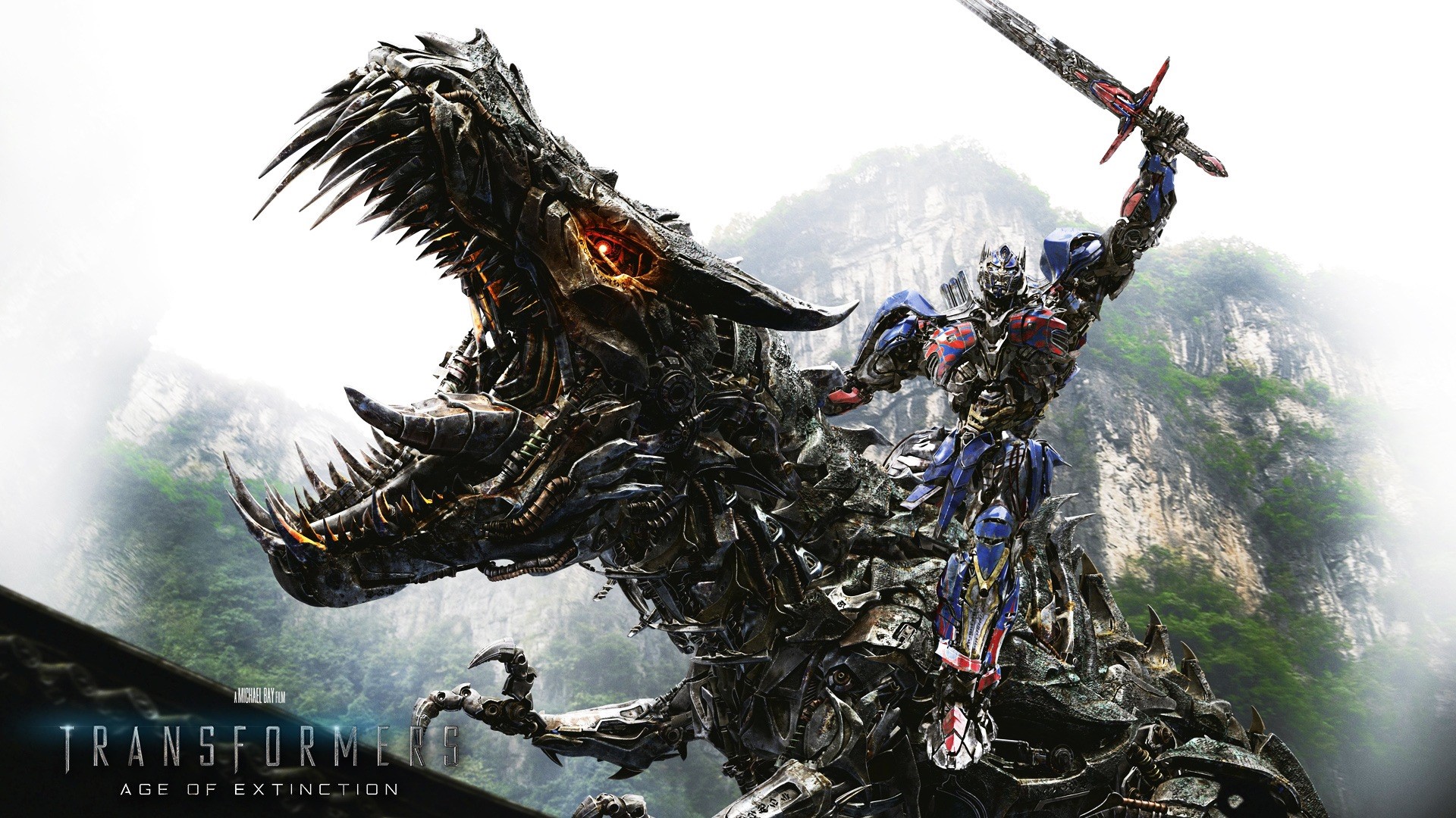 Optimus Prime from Transformers: Age of Extinction riding a dinosaur robot HD Wallpaper