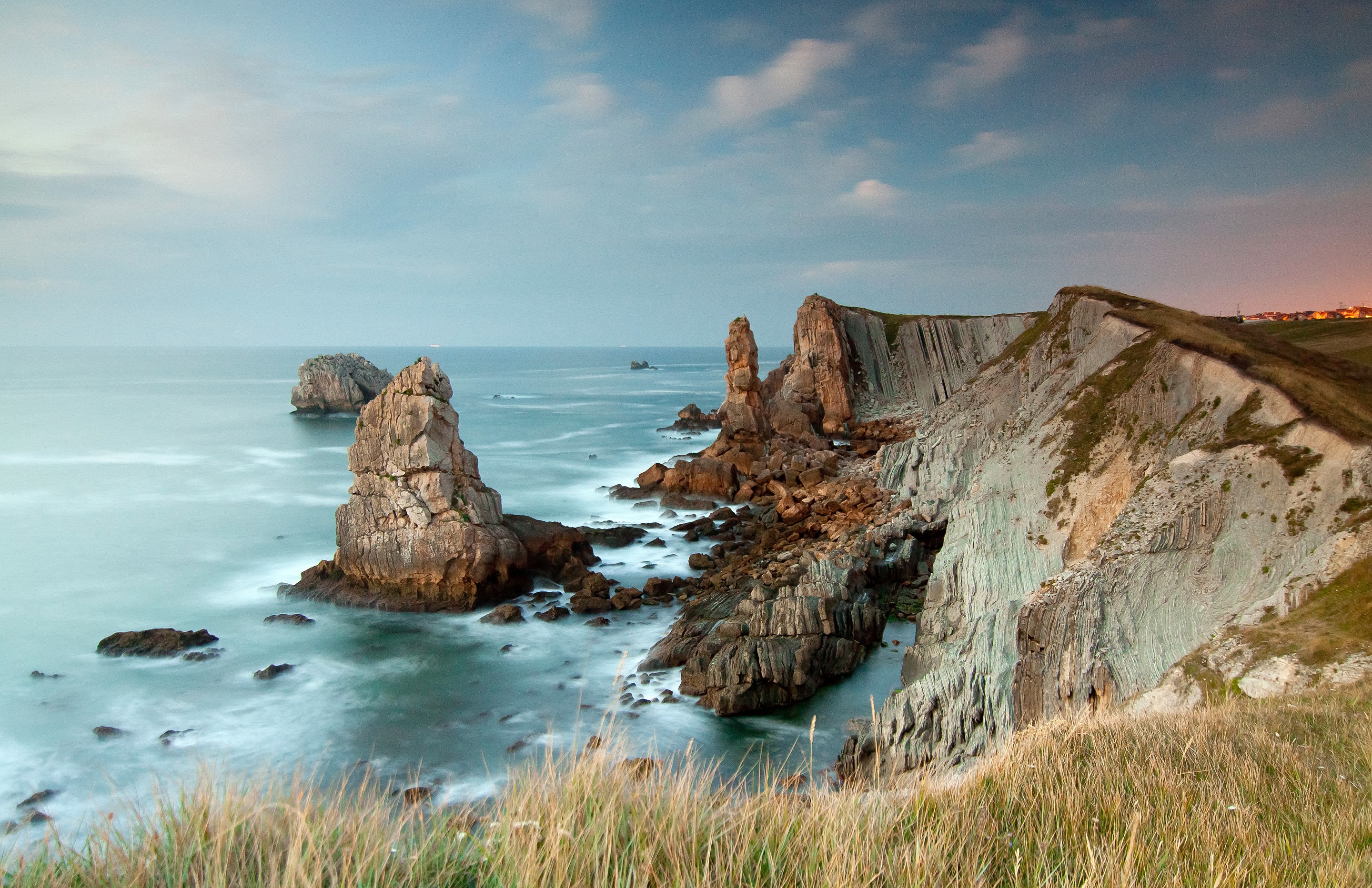 Rocky coast with sea stacks and grass HD Wallpaper