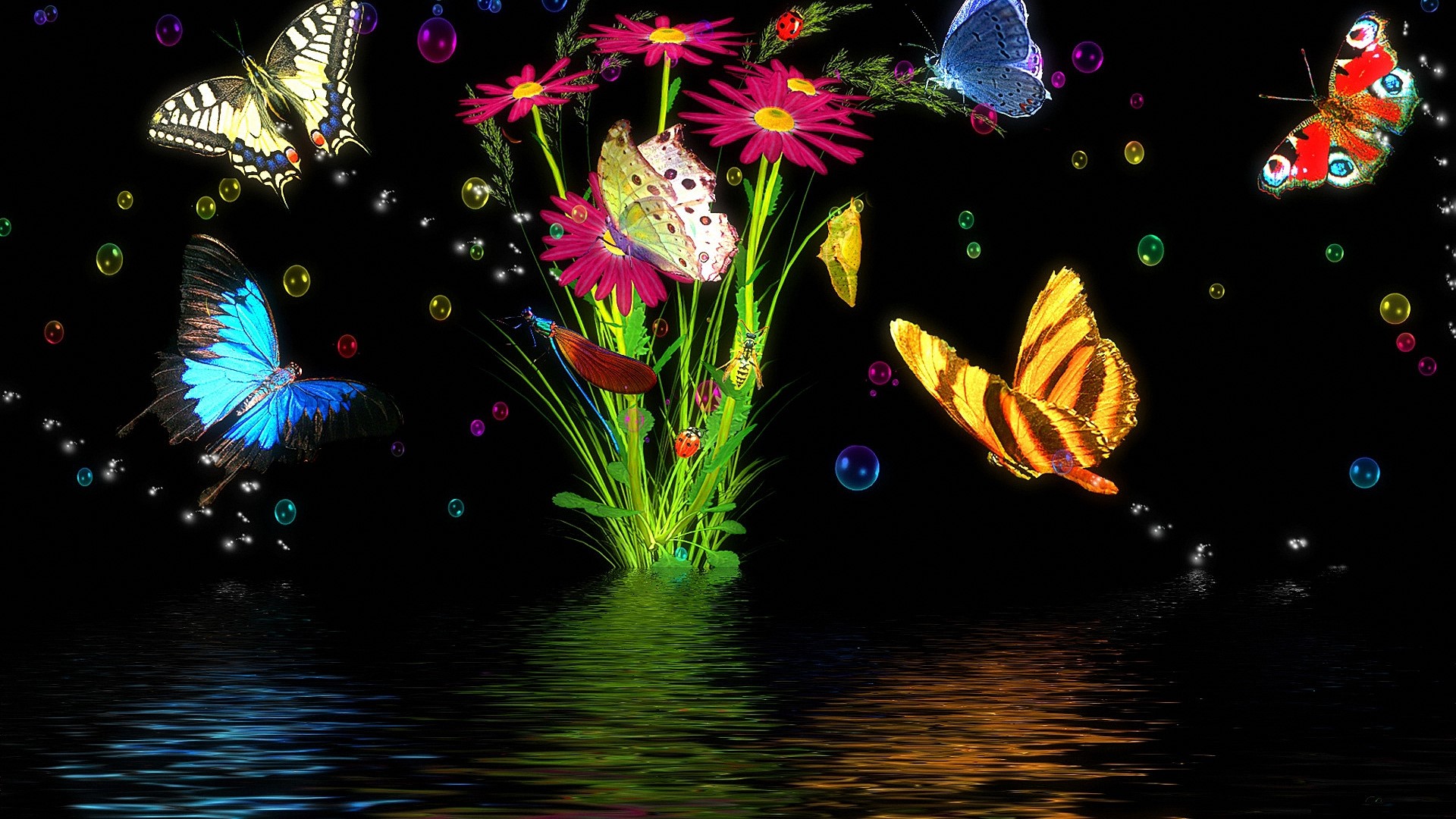 Butterflies and flowers reflected in water HD Wallpaper