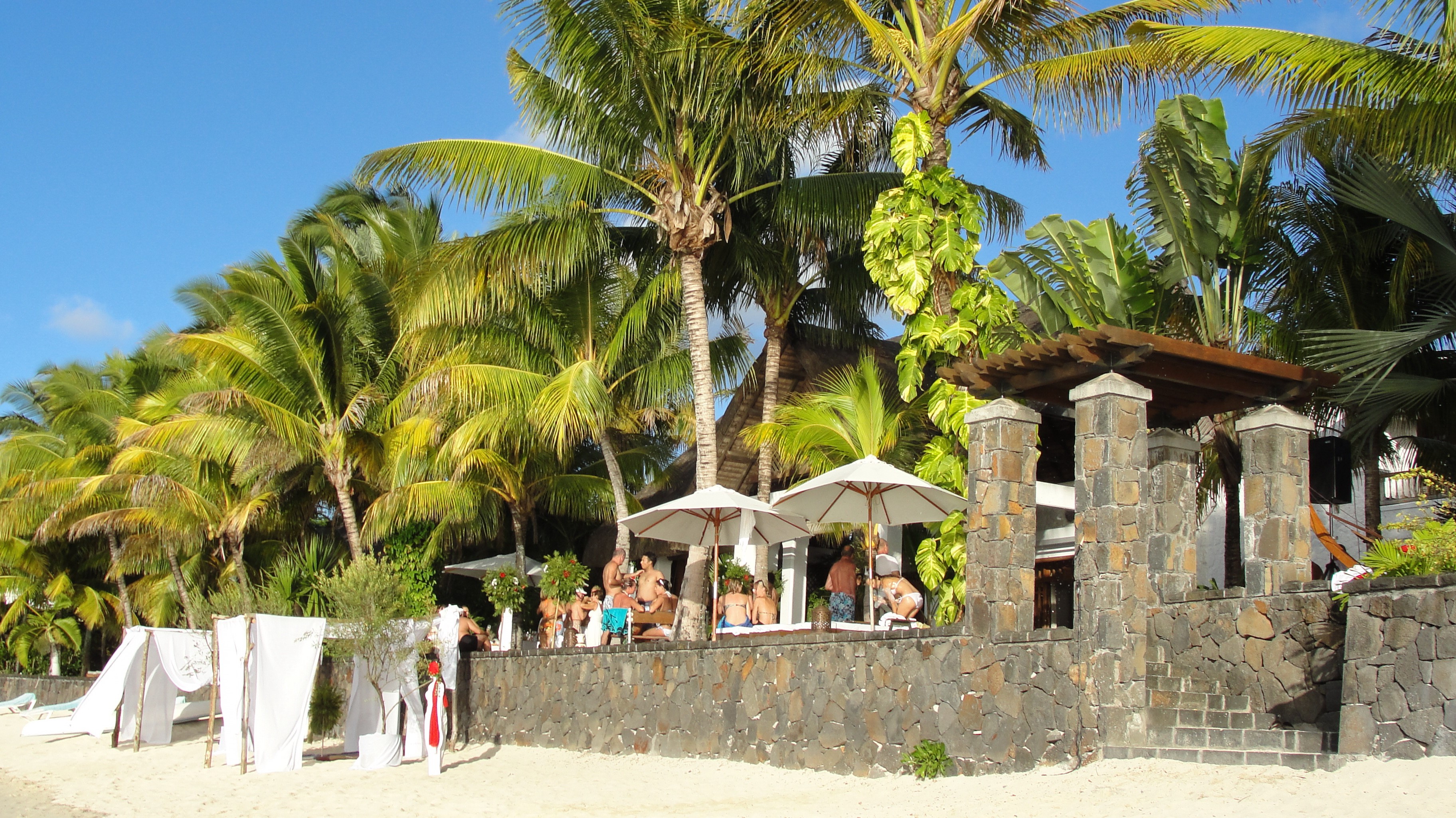 Beach cafe with palm trees and people HD Wallpaper