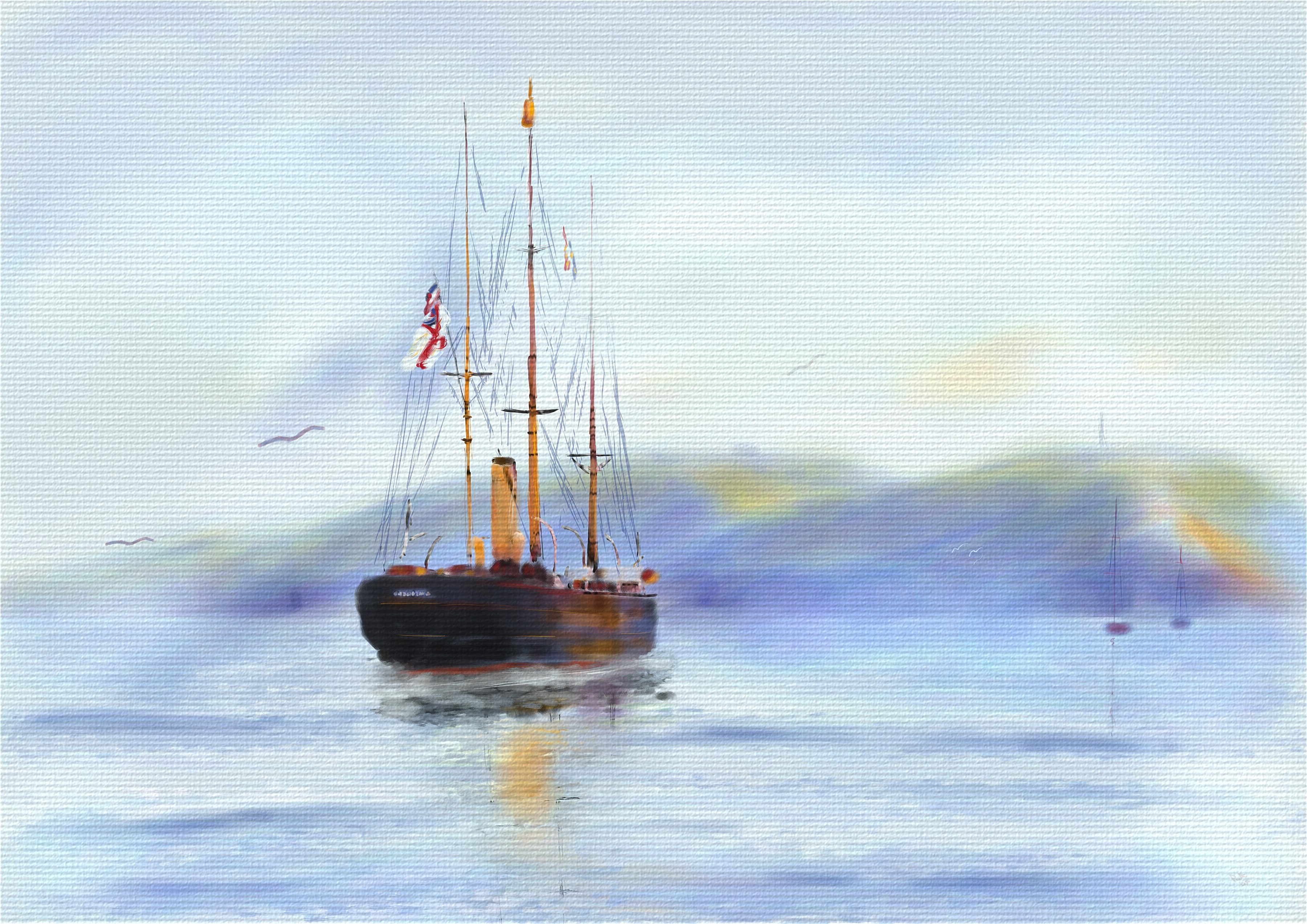 Ship Approaching a Misty Harbor HD Wallpaper