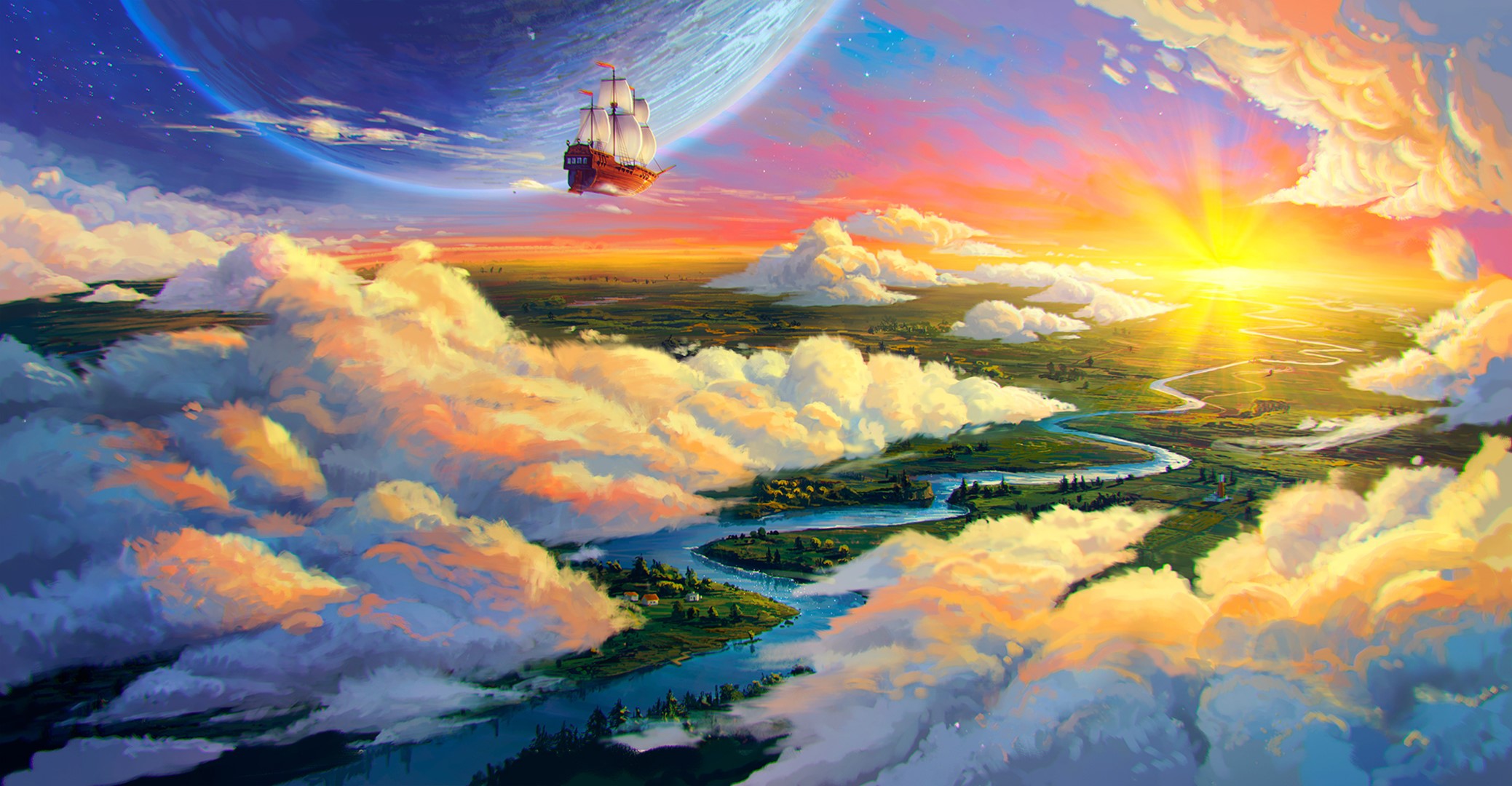 A sailing ship flies through clouds near a planet HD Wallpaper