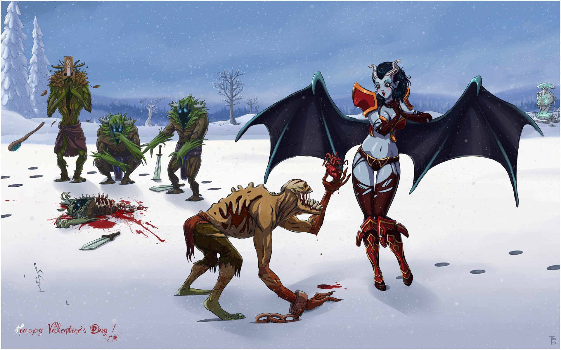 Queen of Pain and Lifestealer from DOTA 2 in a snowy landscape HD Wallpaper